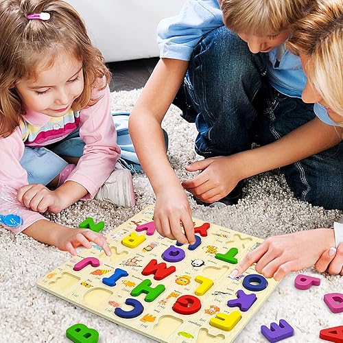 Miniatura 7 de Rompecabezas de madera del alfabeto para niños de 2 a 4 años, juego de rompecabezas preescolares clásicos de aprendizaje ABC con clavijas, letras