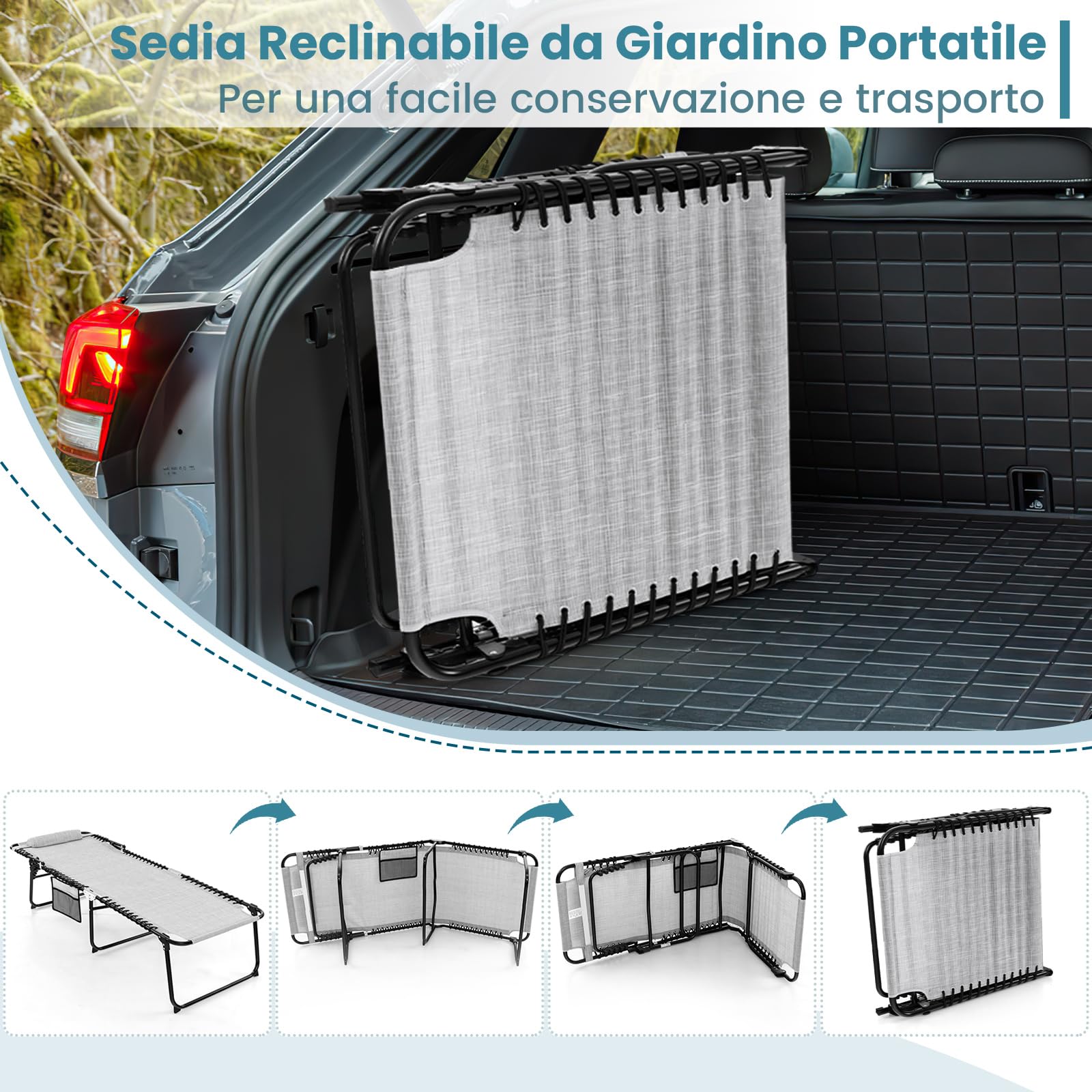 COSTWAY Lettino Prendisole da Giardino, Sedia a Sdraio Pieghevole con Schienale Regolabile, Cuscino Staccabile, Tasca, Portata 200 kg, 168-188 x 69 x 41-86 cm (Grigio)