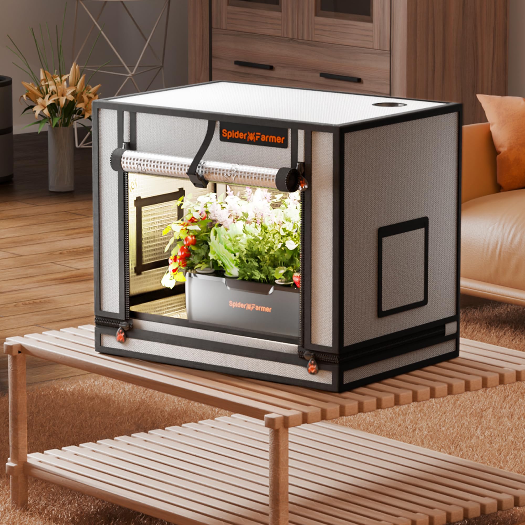Spider Farmer Tienda de campaña para aerogarden, sistema hidropónico 24x16x20, puerta enrollable, bandeja de piso extraíble, lona Mylar gruesa 2000D