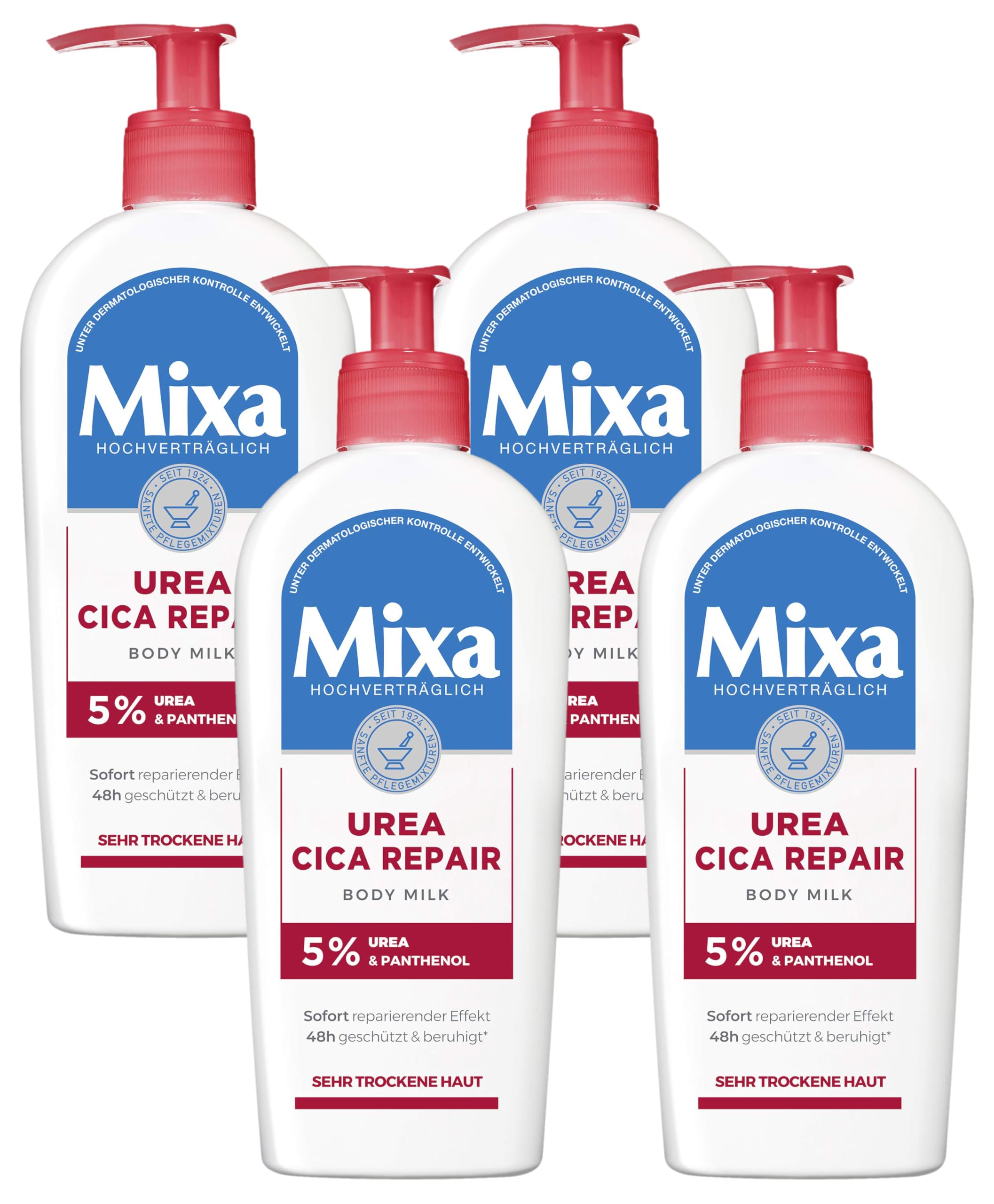 Mixa Body Milk für sehr trockene und rissige Haut, Regenerierende Bodylotion gegen Juckreiz, Mit Urea und Panthenol, Urea Cica Repair +, 250 ml (Packung mit 4)