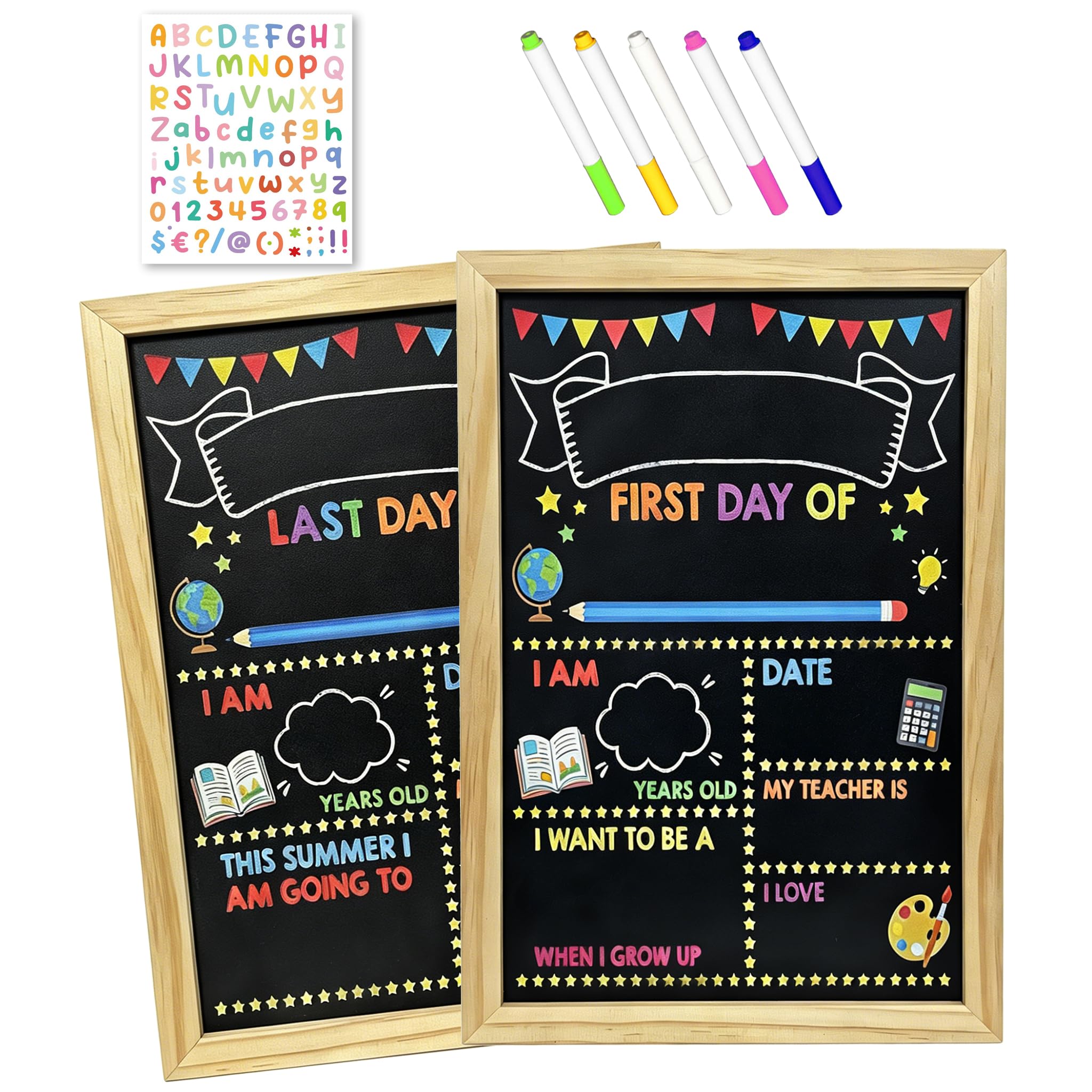 First Day of School Board with Wooden Frame, Reusable First Day and Last Day of School Chalkboard with Chalkboard Pens & Sticker, Double-Sided 1st Day At School Gifts for Nursery Secondary Students
