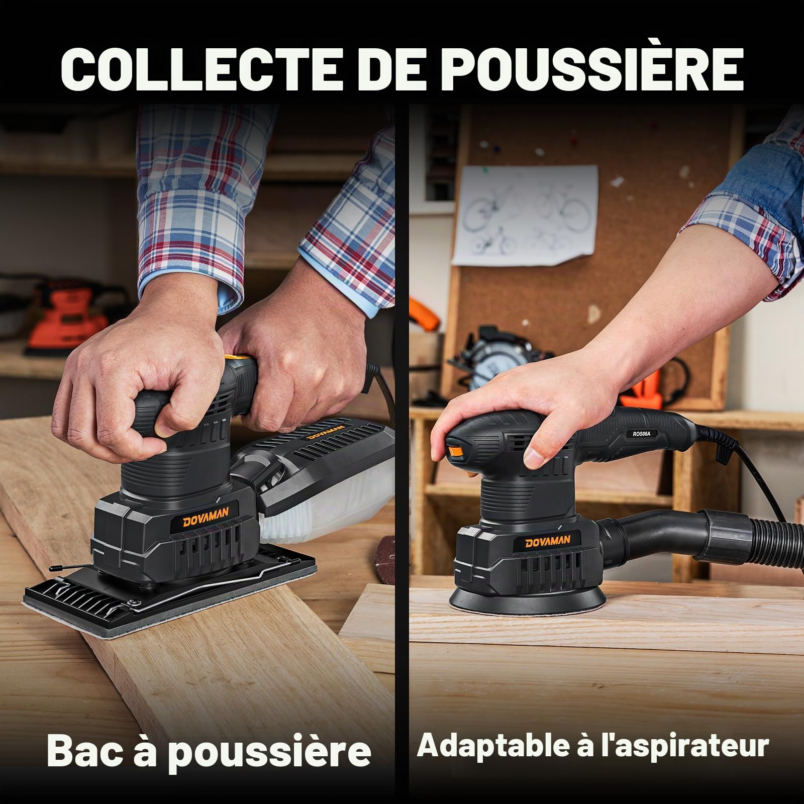 DOVAMAN ROS06A Ponceuse Multifonction 3-en-1, 200W Ponceuse de Détail, 6 Vitesses, 15 Papiers Abrasifs, Faible Vibration, Aspiration de la Poussière, Ponceuse Vibriante, Excentrique et de Détail
