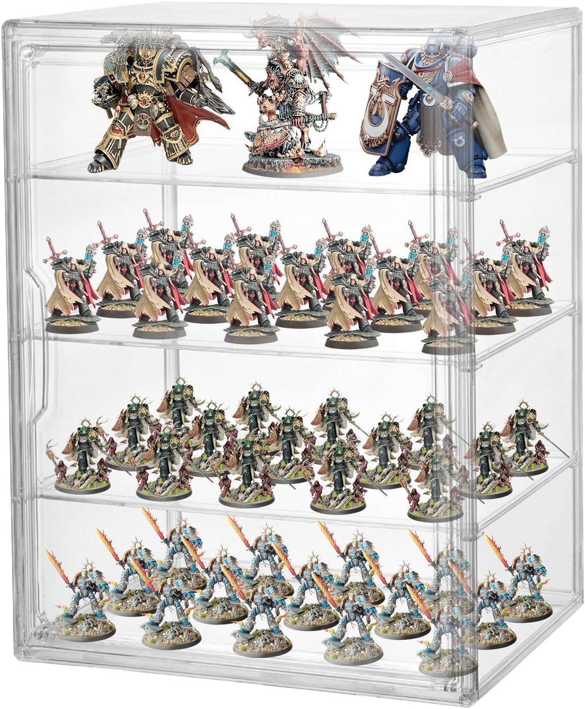 Clear Acrylic Miniature Storage Case Stackable Miniature Carrying Case for Collectibles Transport Action Figure Display case with Magnetic Door ,Death Guard 40k 14.2" × 10.6"