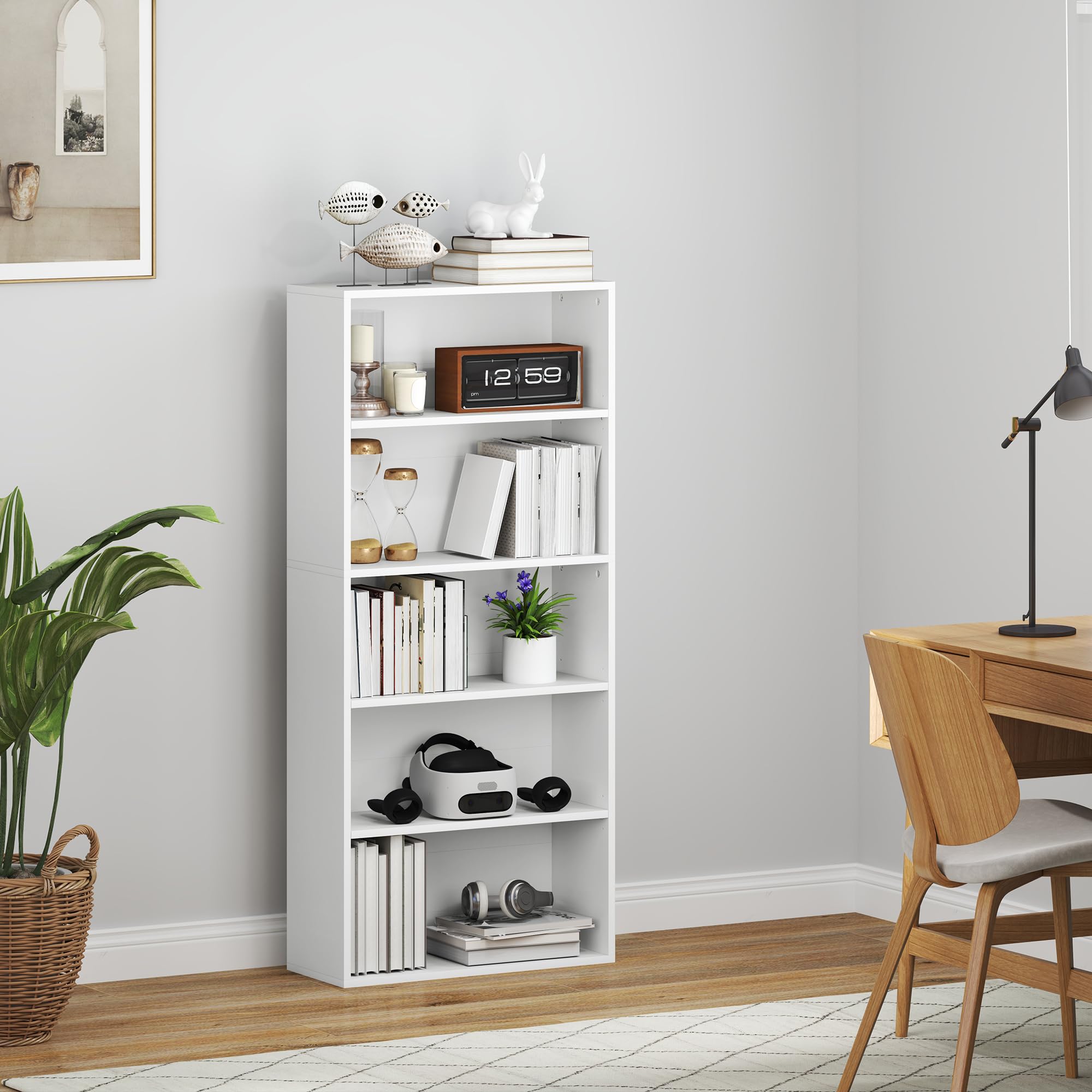 HOMCOM Mobile Libreria a 5 Ripiani con 3 Scaffali Regolabili, Libreria Scaffale Moderna in Legno, 60x24x133.5 cm, Bianco