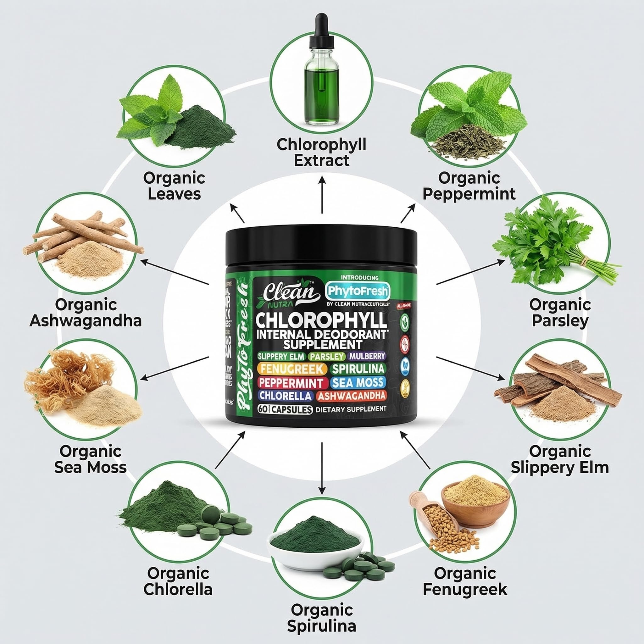 Clean Nutra Chlorophyll Capsules Supplement Internal Deodorant Peppermint, Sea Moss, Parsley, Chlorella, Spirulina, Slippery Elm, Ashwagandha, PhytoFresh Greens Detox Pills