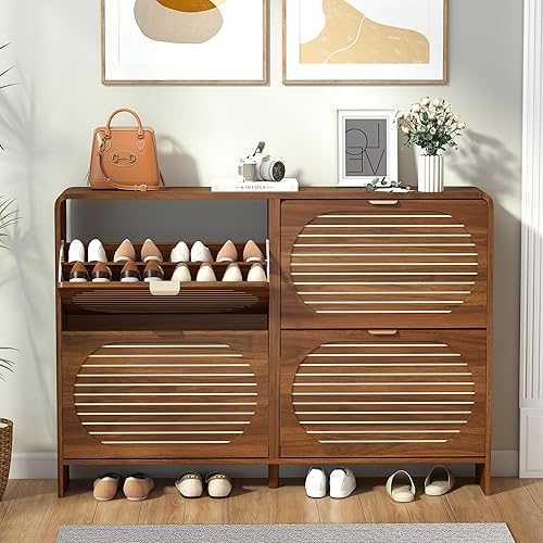 Miniatura 9 de Armario estrecho de almacenamiento de zapatos para entrada con 4 cajones abatibles, armario de zapatos de borde curvado con panel de rayas