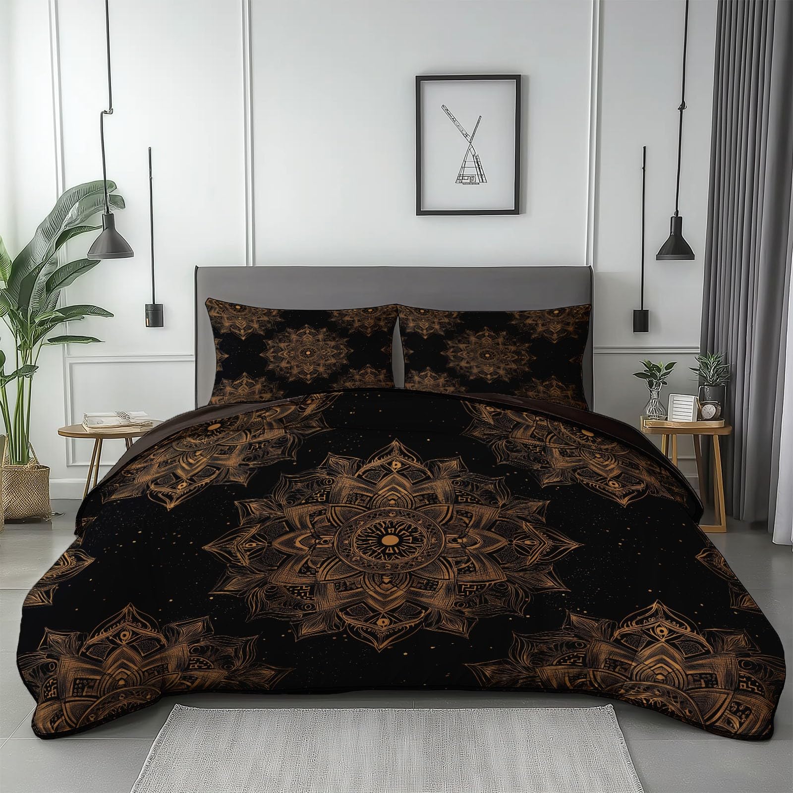 Prosta i wykwintna poszwa na kołdrę Mandala Wzór 240x260 cm Dwustronny zestaw pościeli z nadrukiem z 2 poszewkami na poduszki Ciemny brąz Zestaw pościeli z mikrofibry na 4 pory roku