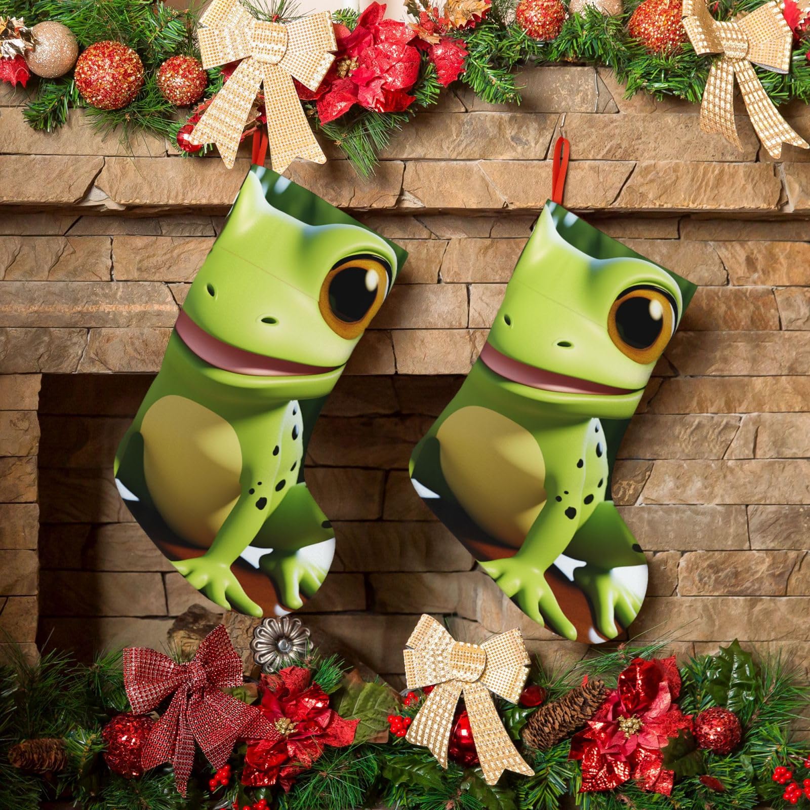KLOPH Christmas Stockings 18" Personalized Xmas Stocking Cute Frog Decoration Stocking Hanging Fireplace Stocking for Holiday Xmas Tree Christmas Fireplace Decor