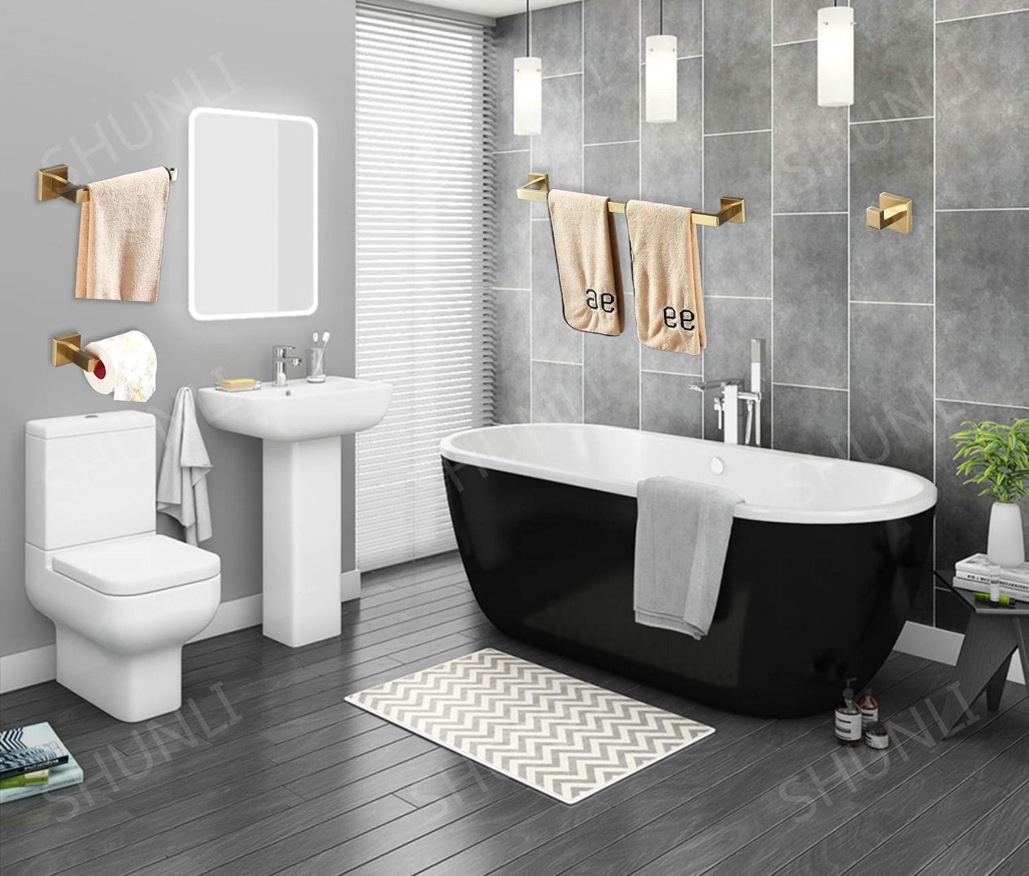 Bathroom Hardware Accessories Set 5-Piece: Towel Bar Toilet Paper Holder Hand Towel Holder Hooks - Brushed Gold Wall Mount Stainless Steel SHUNLI