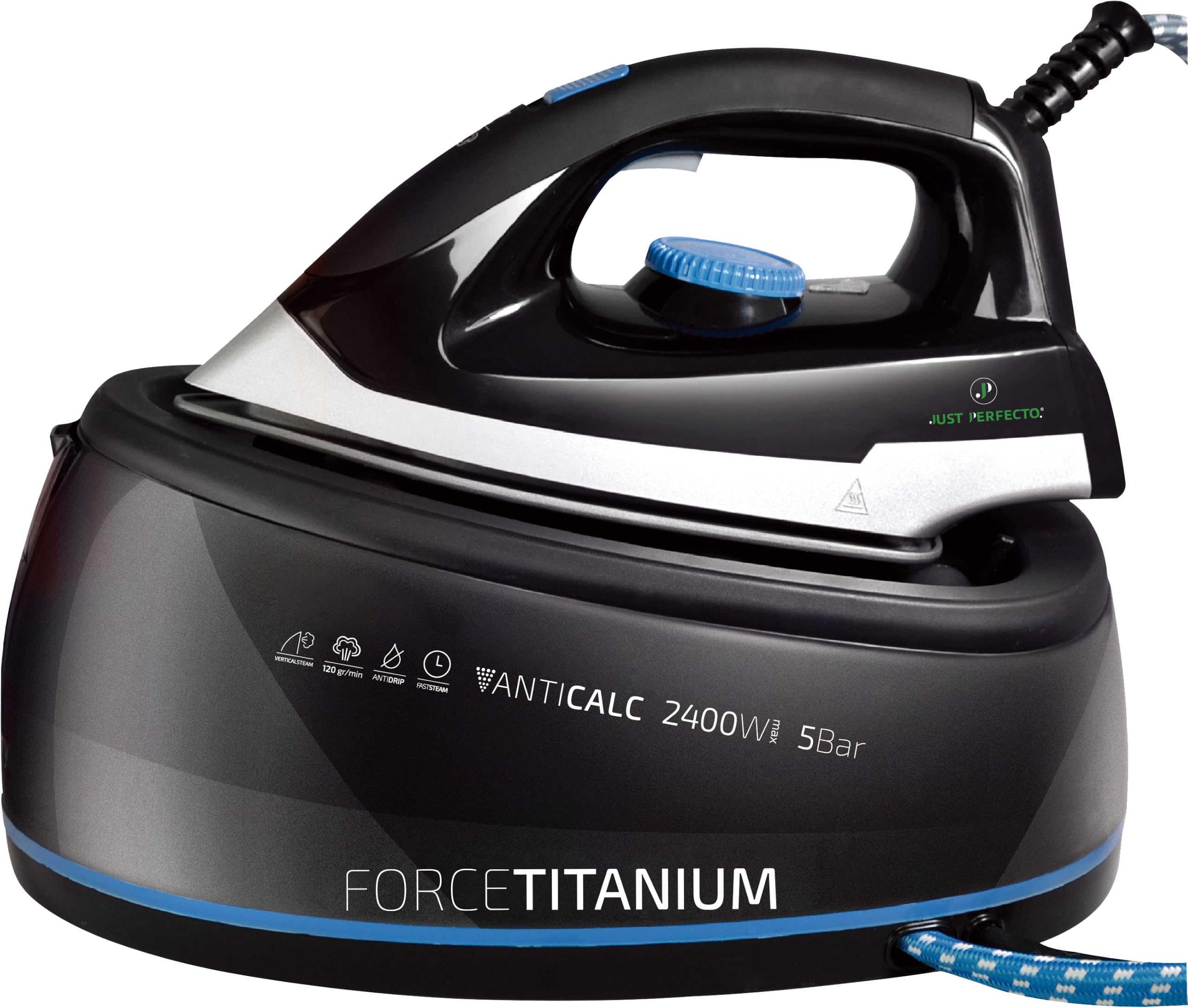 Just Perfecto Ferro da Stiro a Caldaia 2400 W Vapore Blu Nero | vapore continuo, piastra scorrevole, grande autonomia, stiratura verticale, tutti i tessuti, impugnatura ergonomica