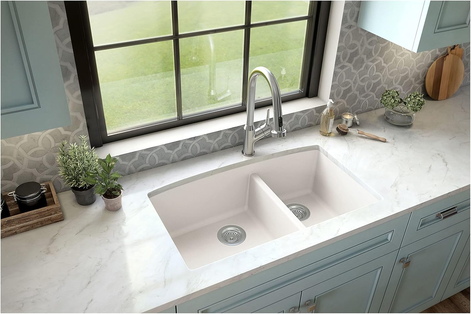 Karran QU-711 Undermount Quartz Composite 32 in. 60/40 Double Bowl Kitchen Sink Kit in Black