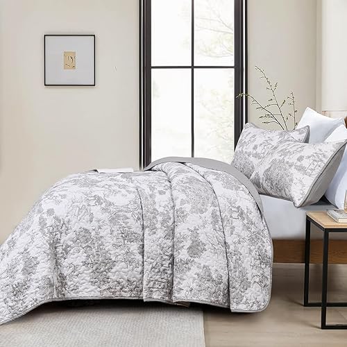 Miniatura 3 de WONGS BEDDING - Juego de edredón gris con estampado botánico de tamaño queen, 3 piezas, colcha de toile de microfibra suave y ligera, con patrón de