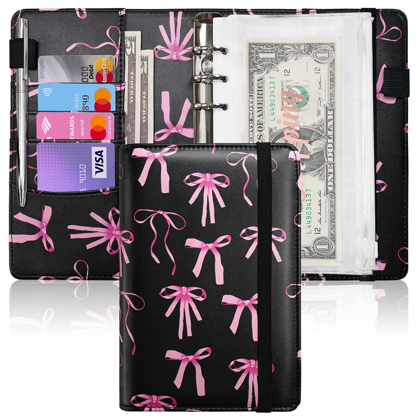 A6 Budget Binder for Money Saving, PU Leather Budget Planner with 8 Cash Envelopes, Budget Sheets &amp; Rose Gold Category Stickers, Money Organizer for Cash (Black Bow)