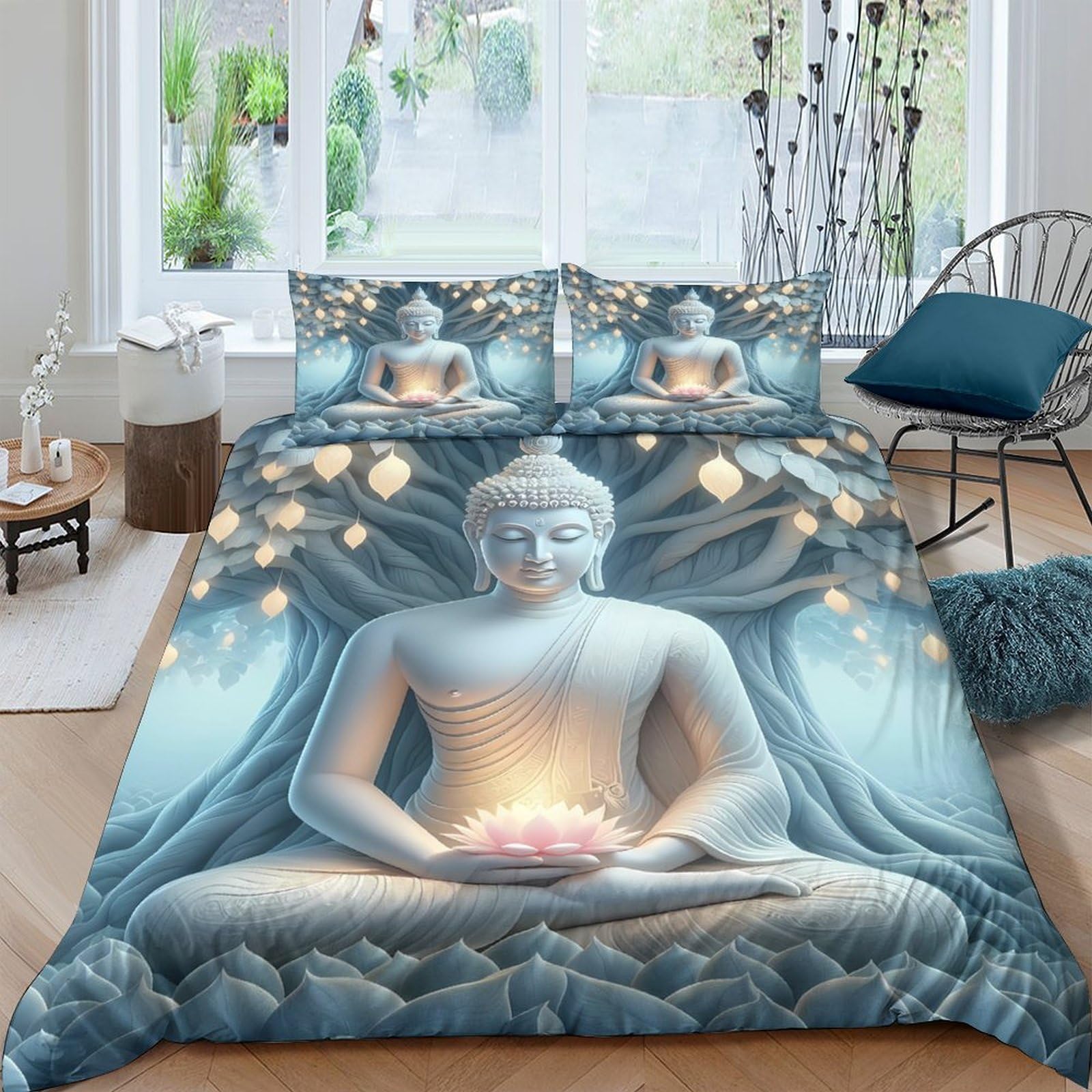 Ctjqhvkz Style-10 3D Printed Buddha Meditation Art Fitted Sheet Microfiber Soft Bed Cover Blue Zen Decor Bedroom Dorm Mattress Protection Single（135X200cm）
