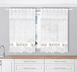 Cortina Viva a Vida - Cortina de Renda Jacquard Estampada para Cozinha (Branco, 1,50m altura x 2,10m largura, Café)