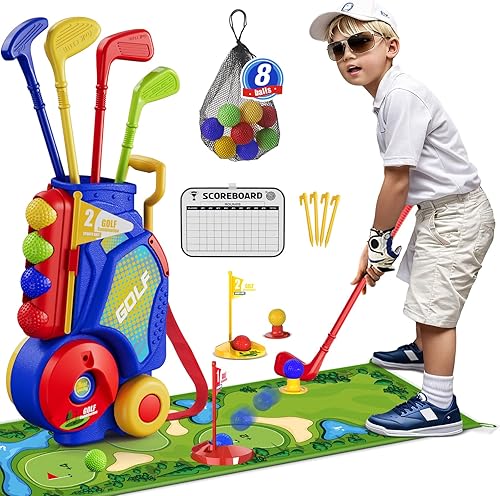 Juego de Golf para Niños Pequeños de 2-4 Años, Club de Golf para Niños con 8 Pelotas, 4 Palos de Plástico, Tapete de Putting, Marcador, Bolsa de