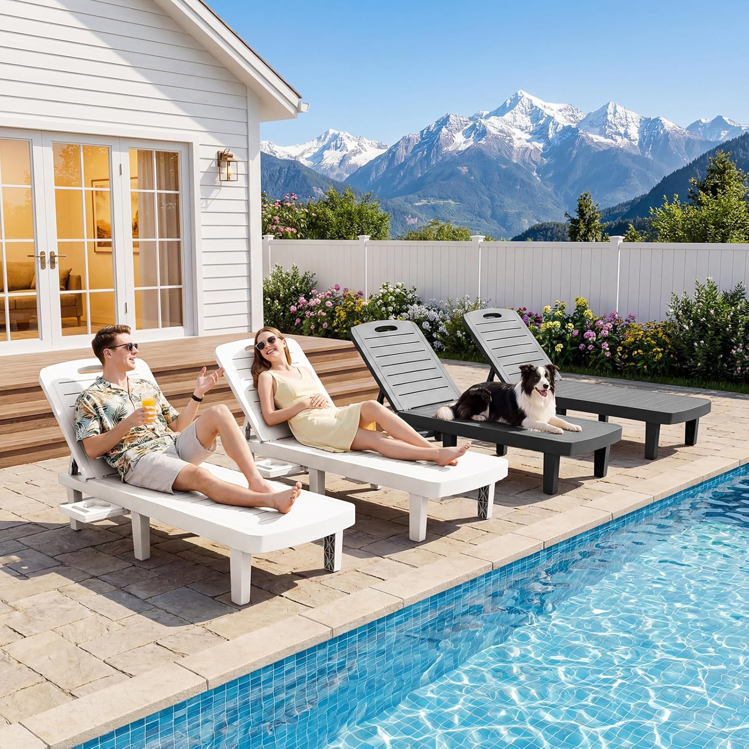 Outdoor Chaise Lounge Set of 2, 5-Position Adjustable Sun Lounge w/Pull-Out Tray, Waterproof PP Lounge Chairs for Outside, Lounge Chairs for Poolside, Patio, Beach, Yard in All Weather,Black
