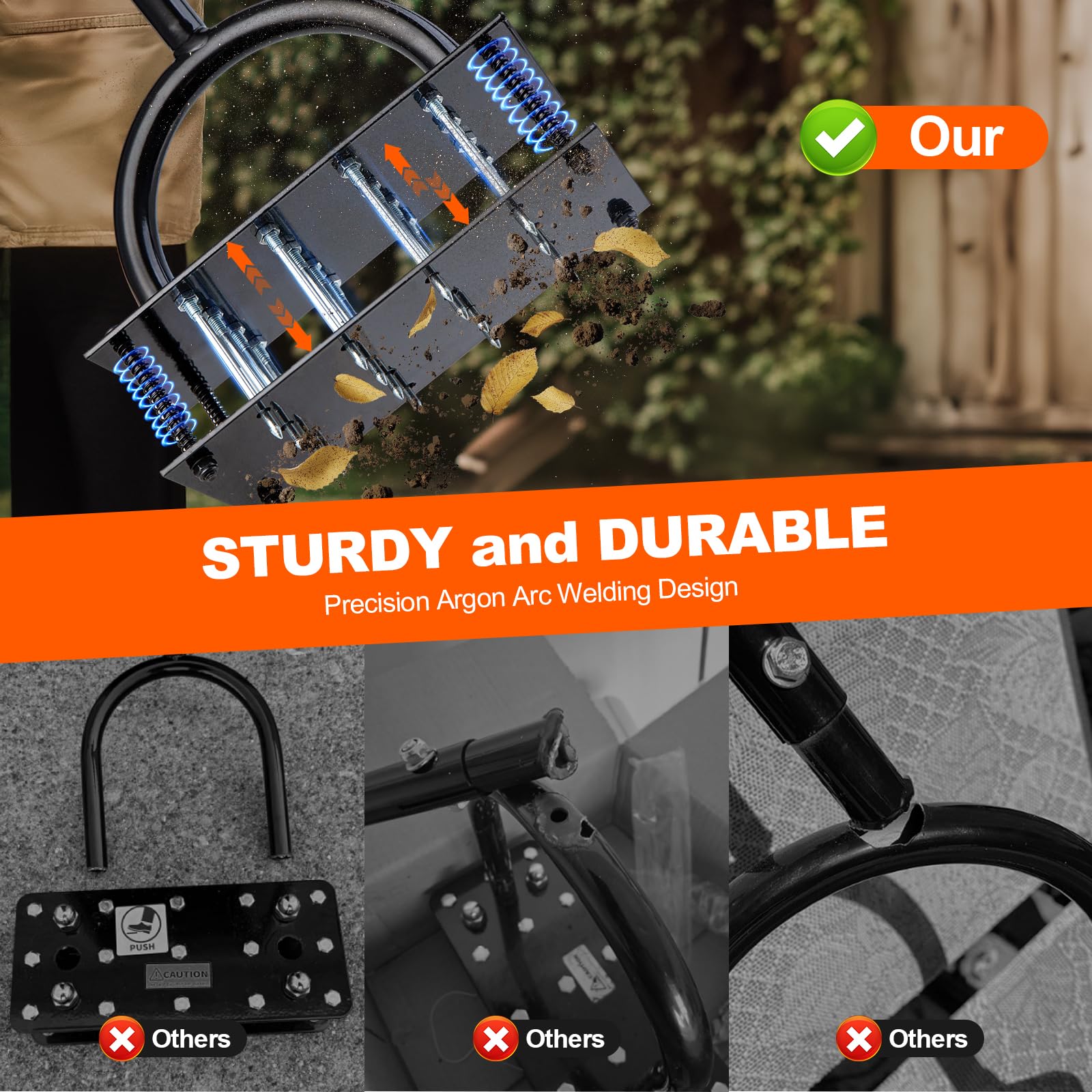 Bluesea Rasenbelüfter Werkzeug - 16 Eisen-Spikes mit ergonomischem T-Griff, automatische Schmutzreinigung für Bodenlockerung & Hofbelüftung, manueller Metall-Grasbelüfter (Orange)