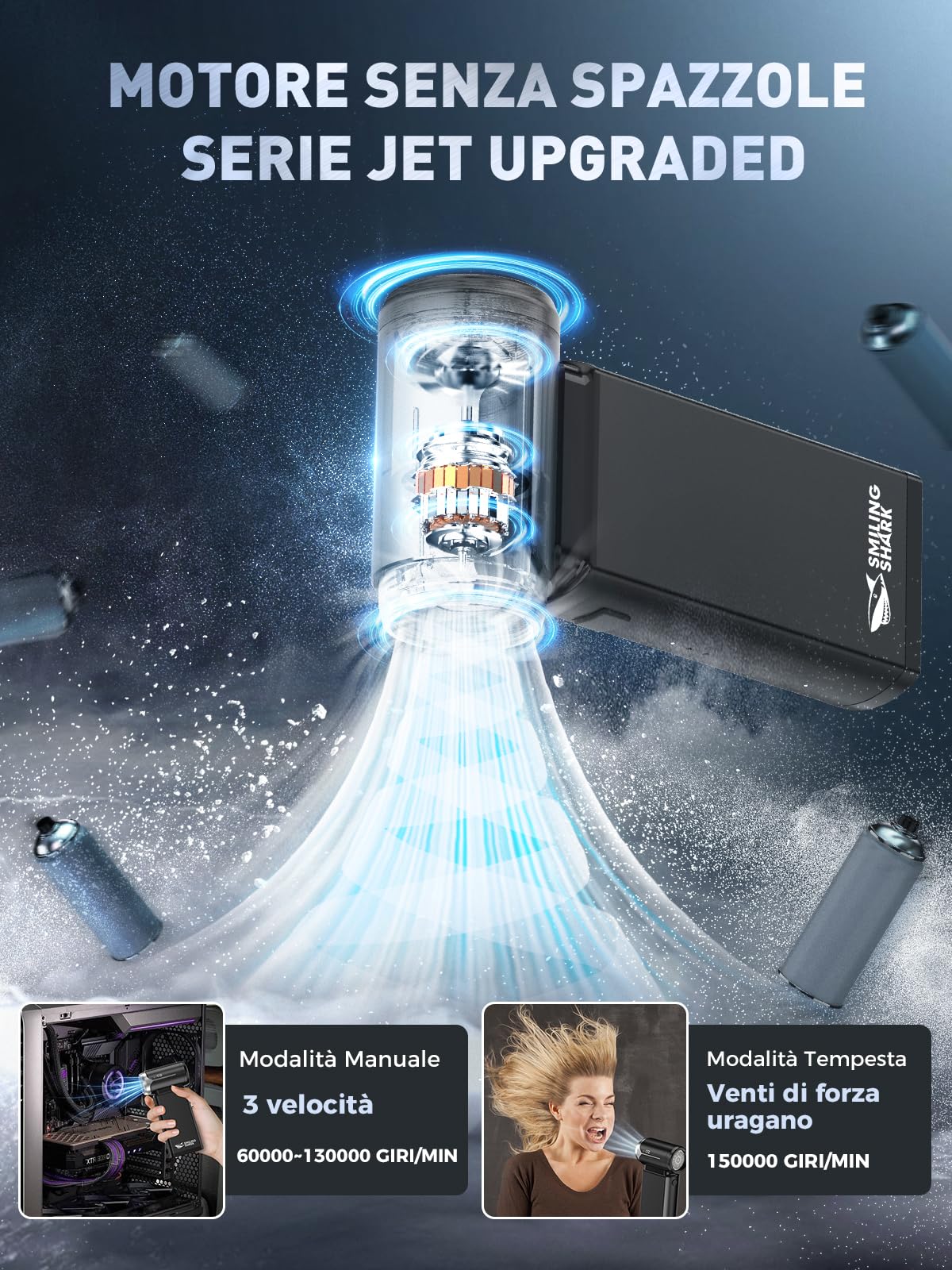 Smiling Shark Elettrico Rimuovi Polvere Aria Compressa, J02 Alluminio 150000 Giri/Min Soffiatore d'Aria Elettrico - Senza Fili con Modalità Storm & Batteria 8000mAh per PC/Auto/Casa/Camping, Nero