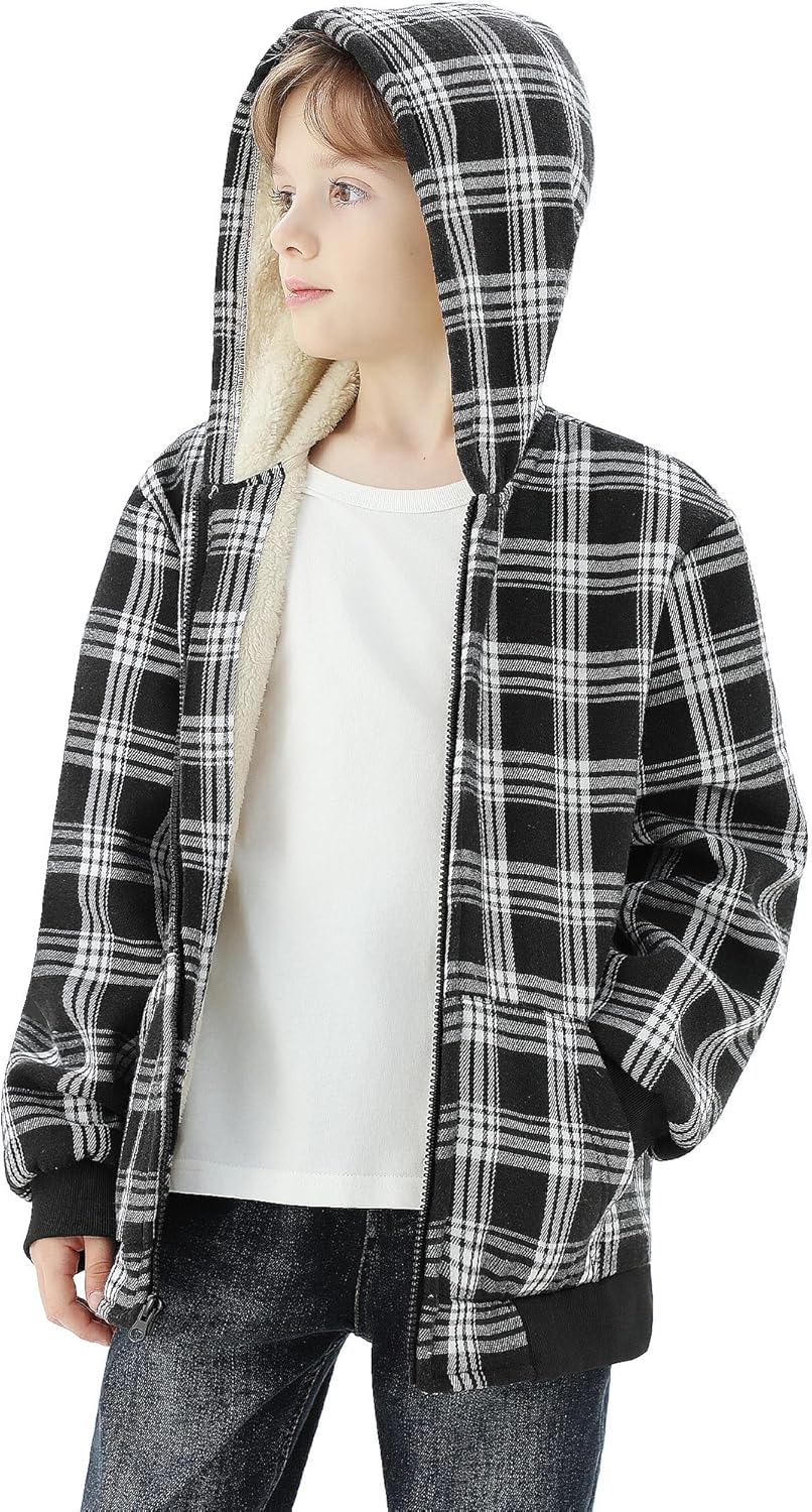 WULFUL Boys Flannel Fleece Jackets Plaid Sherpa Hoodie Zip Up Winter Coat 5-14 Years - Image 3