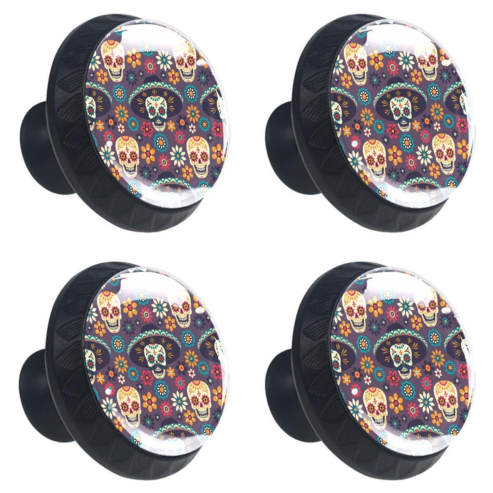 Boutons de meuble ronds en verre à motifs floraux multicolores de 30 mm pour tiroir - Lot de 4