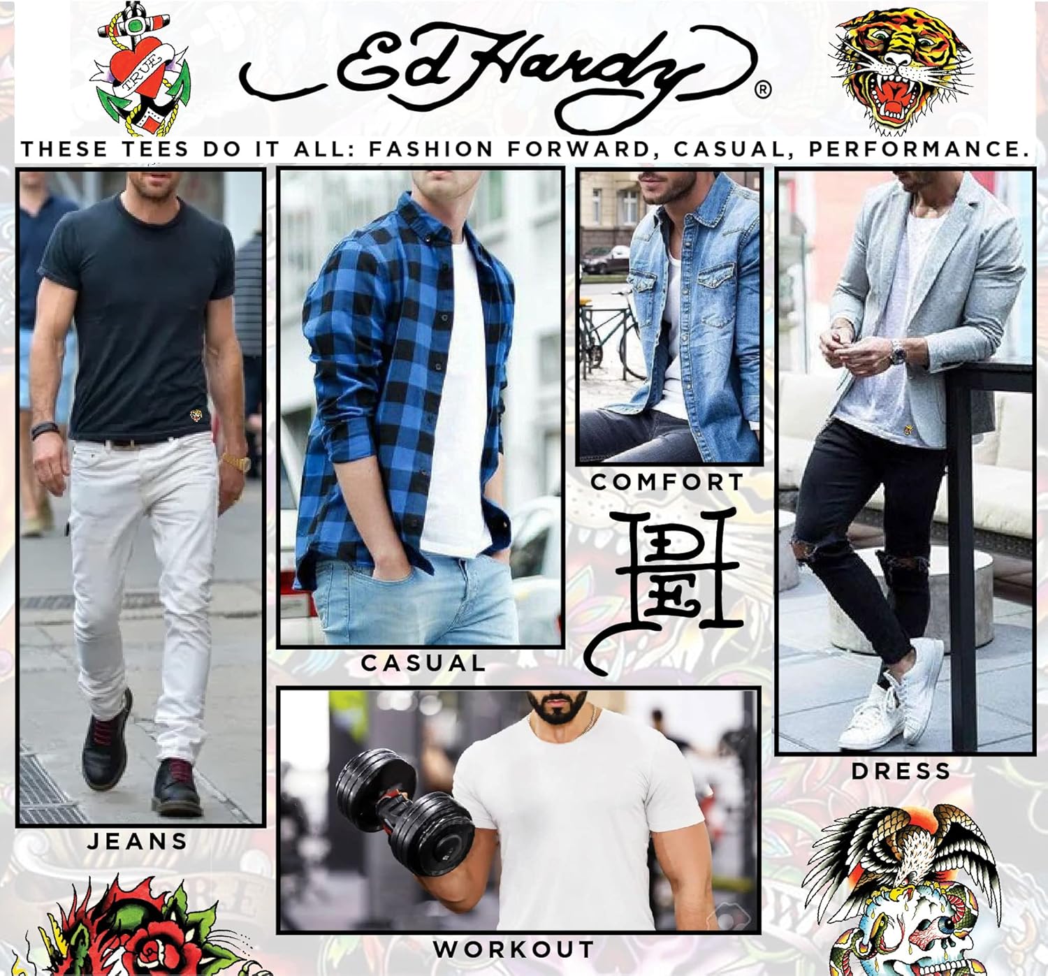 ED HARDY 3 Pack Mens Fitted Tshirts Micro Modal Short Sleeve Crew, Vneck Classic Tees Gym, Work Casual, Mens Fitted Shirts - Image 4