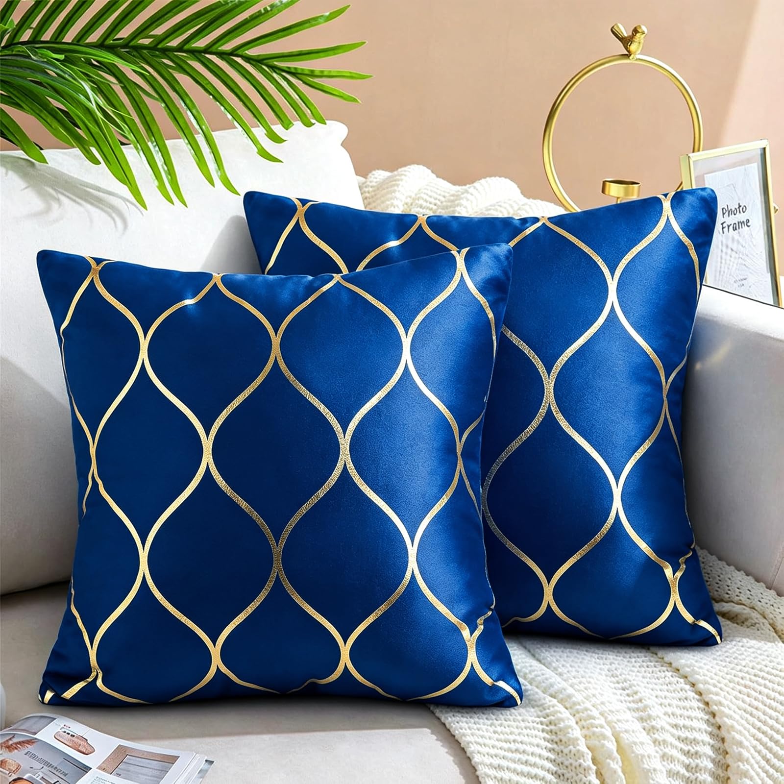 Elegant Navy Blue Velvet Square Throw Pillow Covers Pack of 2 18x18 Inch