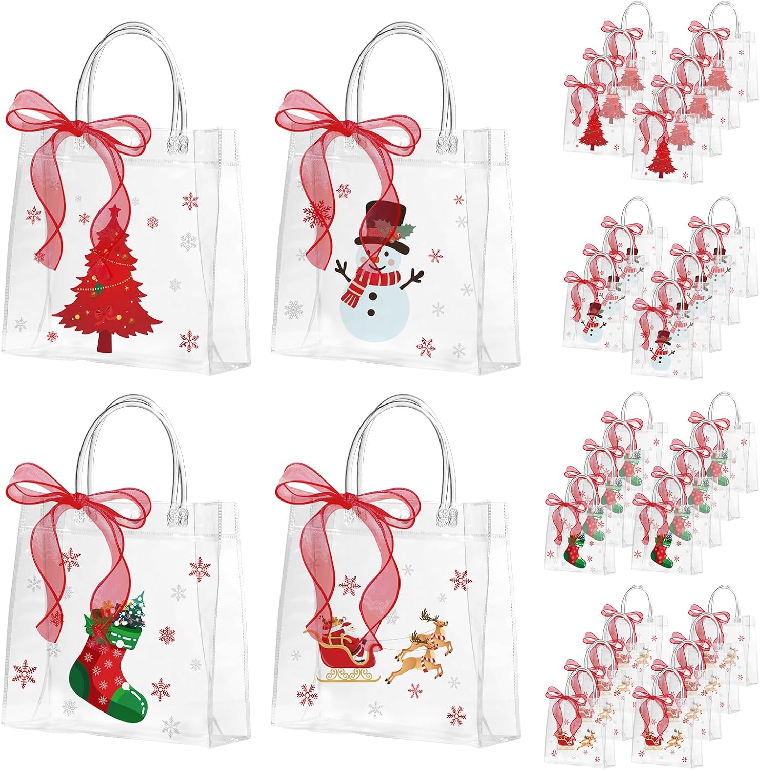 WDSHCR 30 PCS Christmas Clear Plastic Gift Bags with Handles, Party Favor Bags with Ribbons, Reusable Santa PVC Wrap Totes Xmas Party Tote Bags (Christmas tree, 30 Pack)