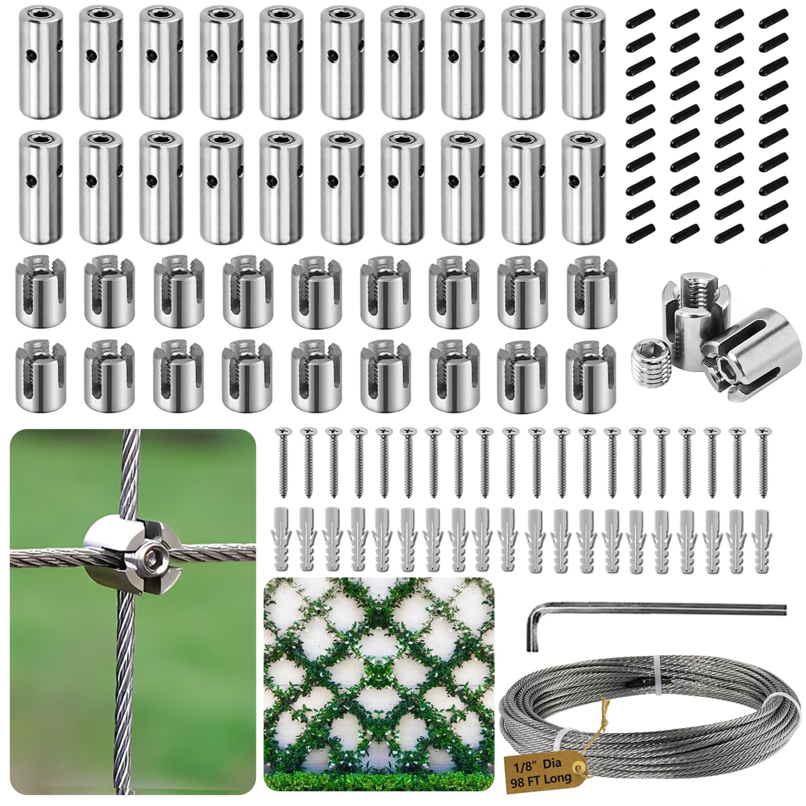 20Pcs Heavy Duty Cross Cable Clamp +20Pcs Heavy Duty Cylindrical Standoffs + 98ft Stainless Steel Wire Ropes | Acemaker Wire Trellis for Climbing Plants Outdoor