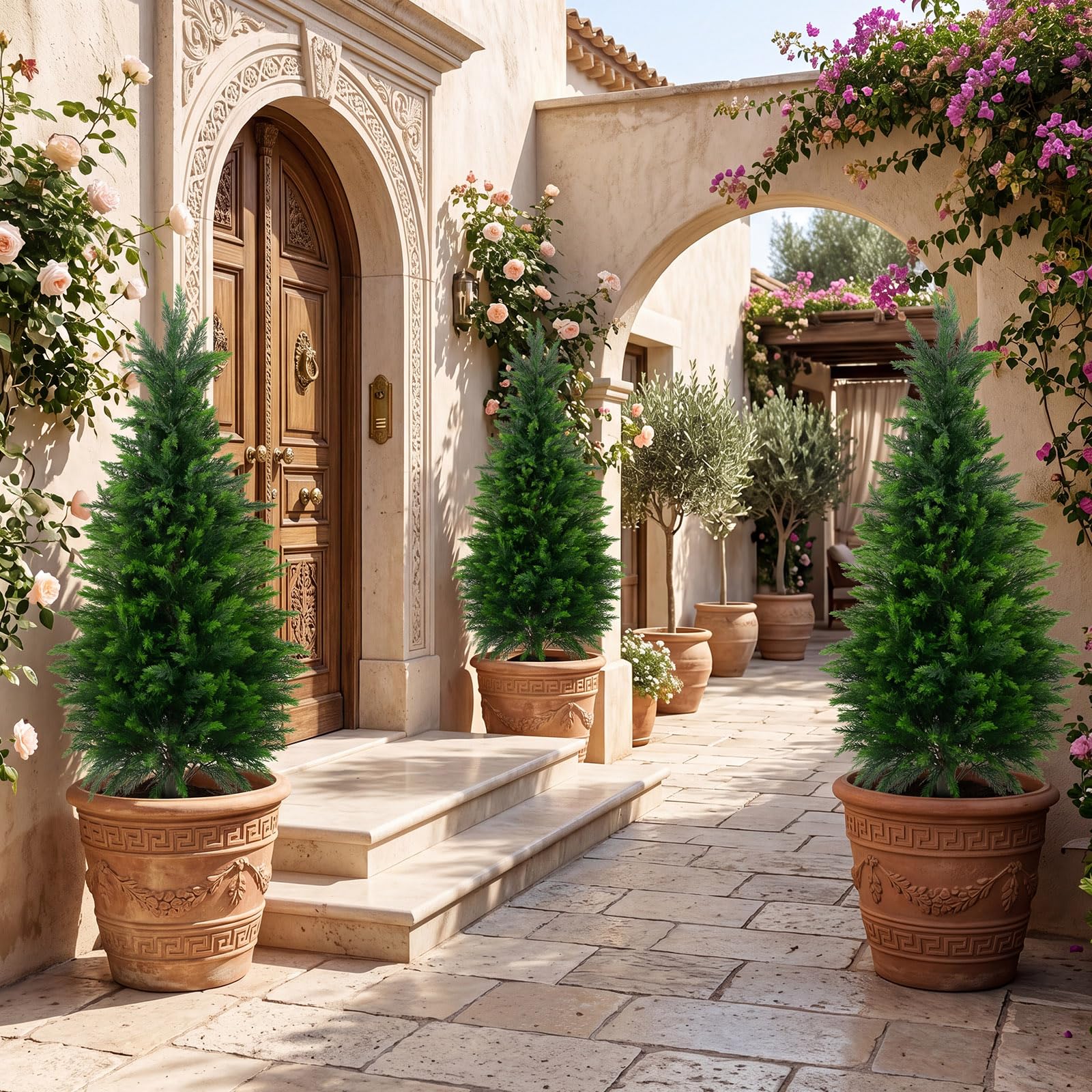 COSTWAY Set di 2 Alberi Artificiali di Cedro, Albero Artificiale in Vaso con Cemento e Fondo Rinforzato, Resistenti al Sole, Pianta Topiaria Finta da Interno e Esterno, per Casa e Ufficio (120 cm)
