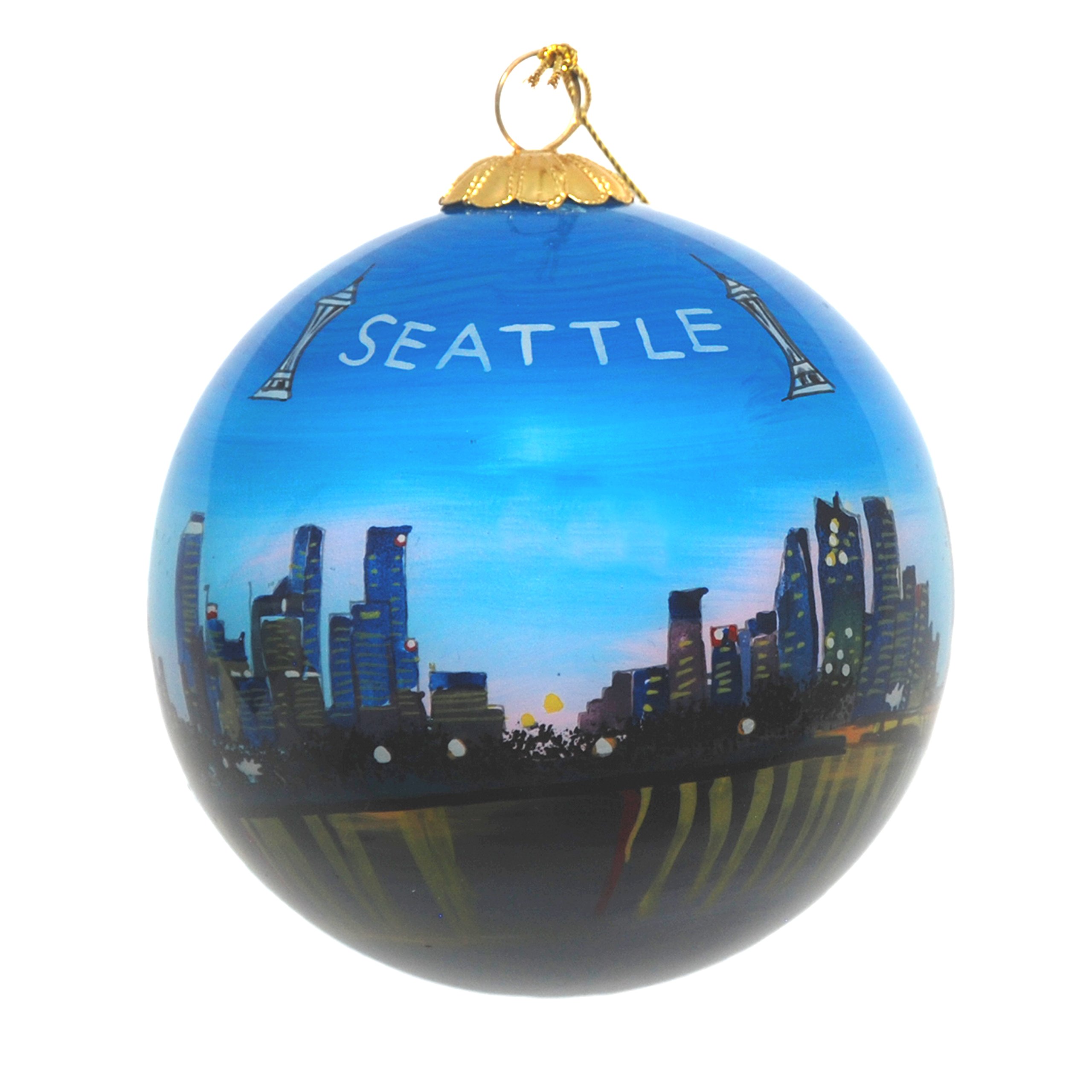 Art Studio Company Hand Painted Glass Christmas Ornament - Seattle, Washington Great Wheel Night