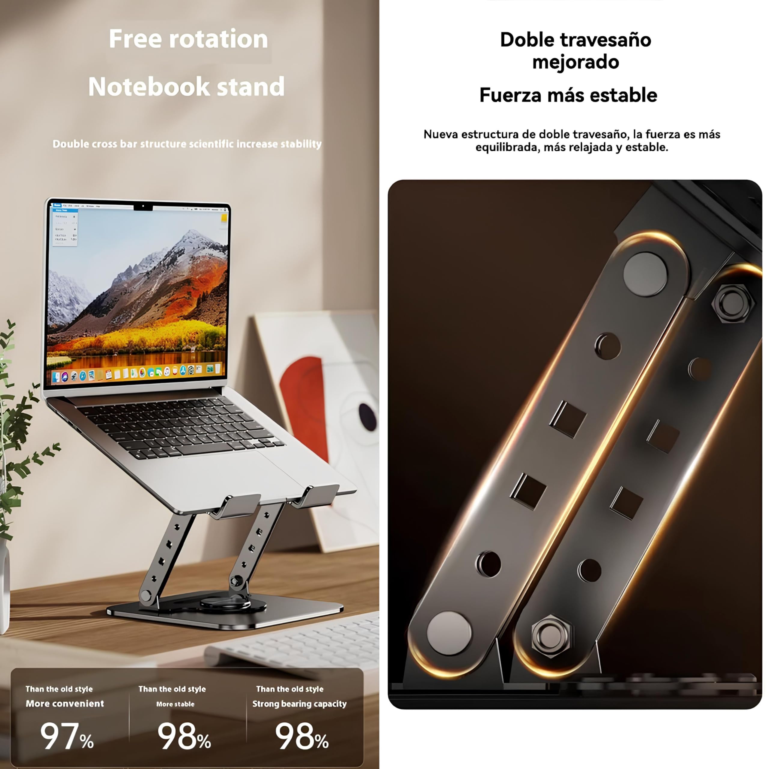 Soporte para Portátil Plegable y Ajustable con Base Giratoria 360° – Elevador Ergonómico con Ventilación Mejorada, Compatible con Laptops de 11 a 17 Pulgadas, Ideal para Oficina y Teletrabajo