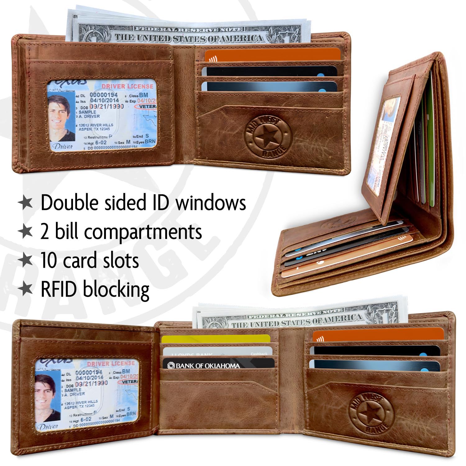MID WEST RANGE - Cartera plegable patriótica con cadena para hombre, cuero marrón envejecido, bloqueo RFID, con 10 ranuras para tarjetas, soporte de identificación abatible, bandera estadounidense y