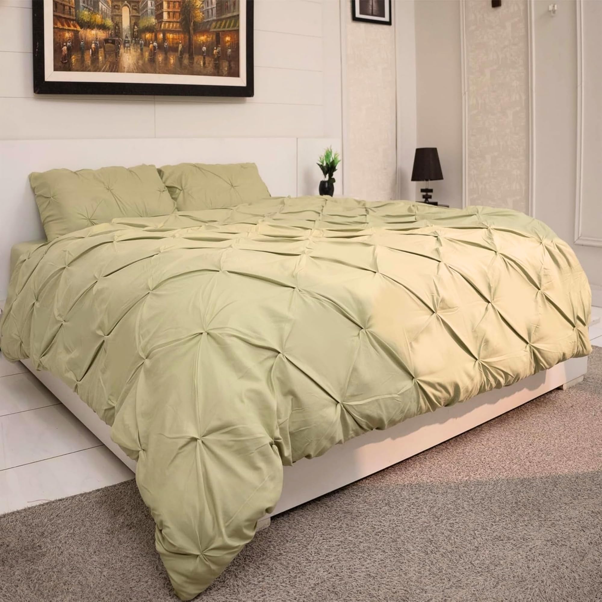 Q&H King Duvet Cover Set Pillow Pair Cases - Soft Polyester Microfiber Breathable & Washable Comforter Sets - Ultra Soft Comfy Quilt Cover Pintuck Design (Sage Green, King 225x225cm)