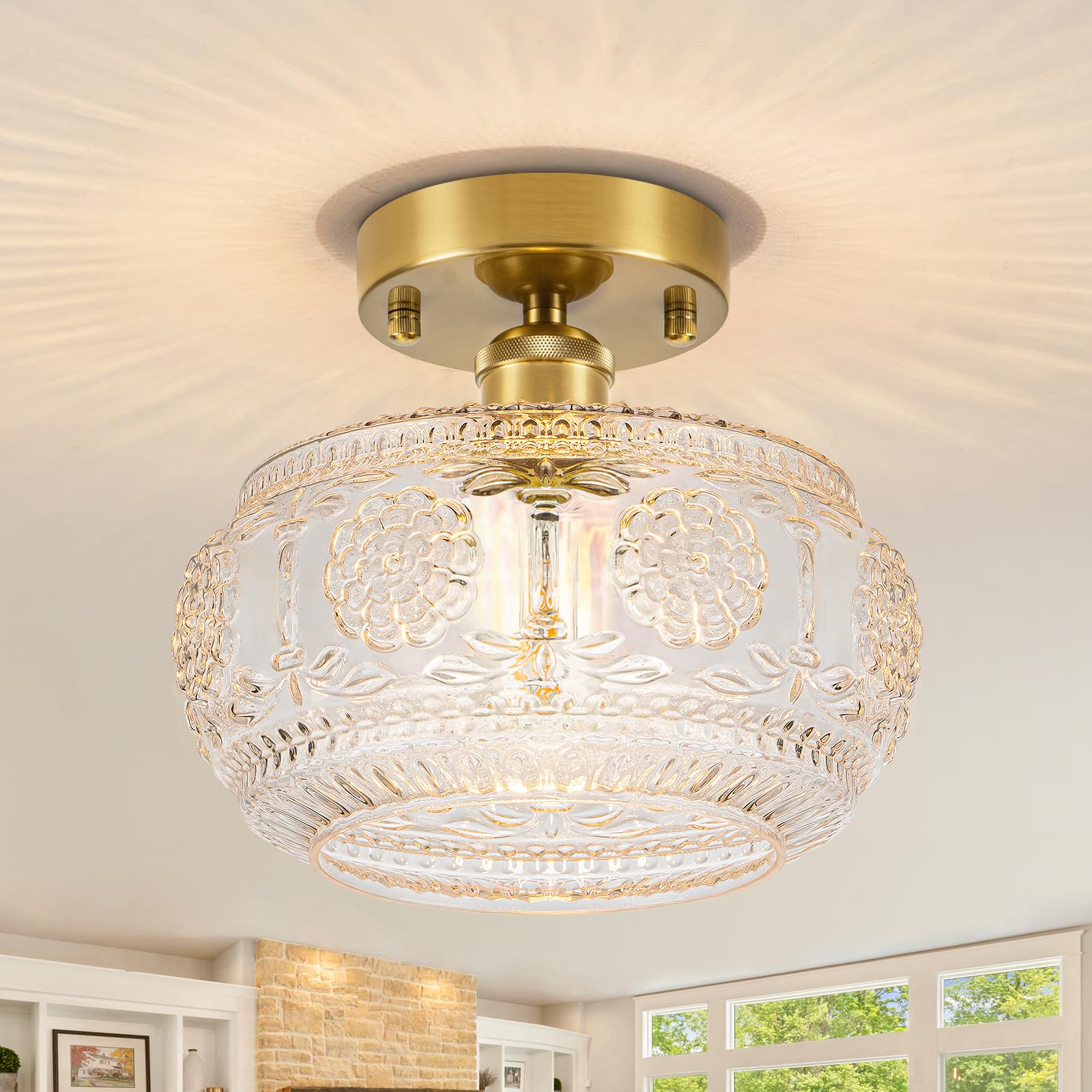 Semi Flush Mount Ceiling Light Fixture - Brass Floral Glass Shade Vintage Modern Lighting for Entryway Bathroom Kitchen