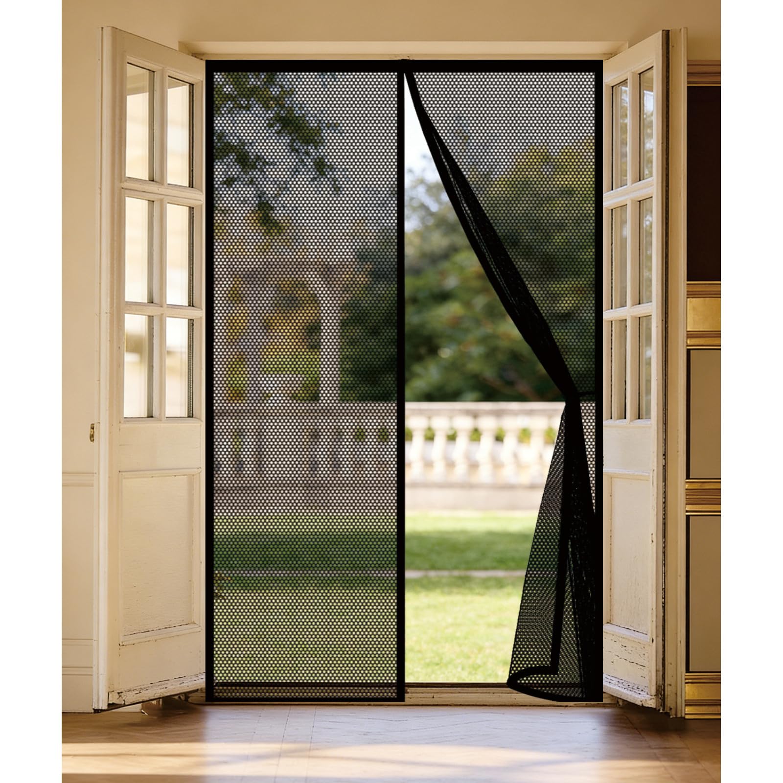 Door Fly Screen 135 x 231 cm with Powerful Magnets Automatically Closes and Magic Tape, Install Without, Keep Bugs Out, Magnetic Door Curtains Fly Screen for Balcony, Black