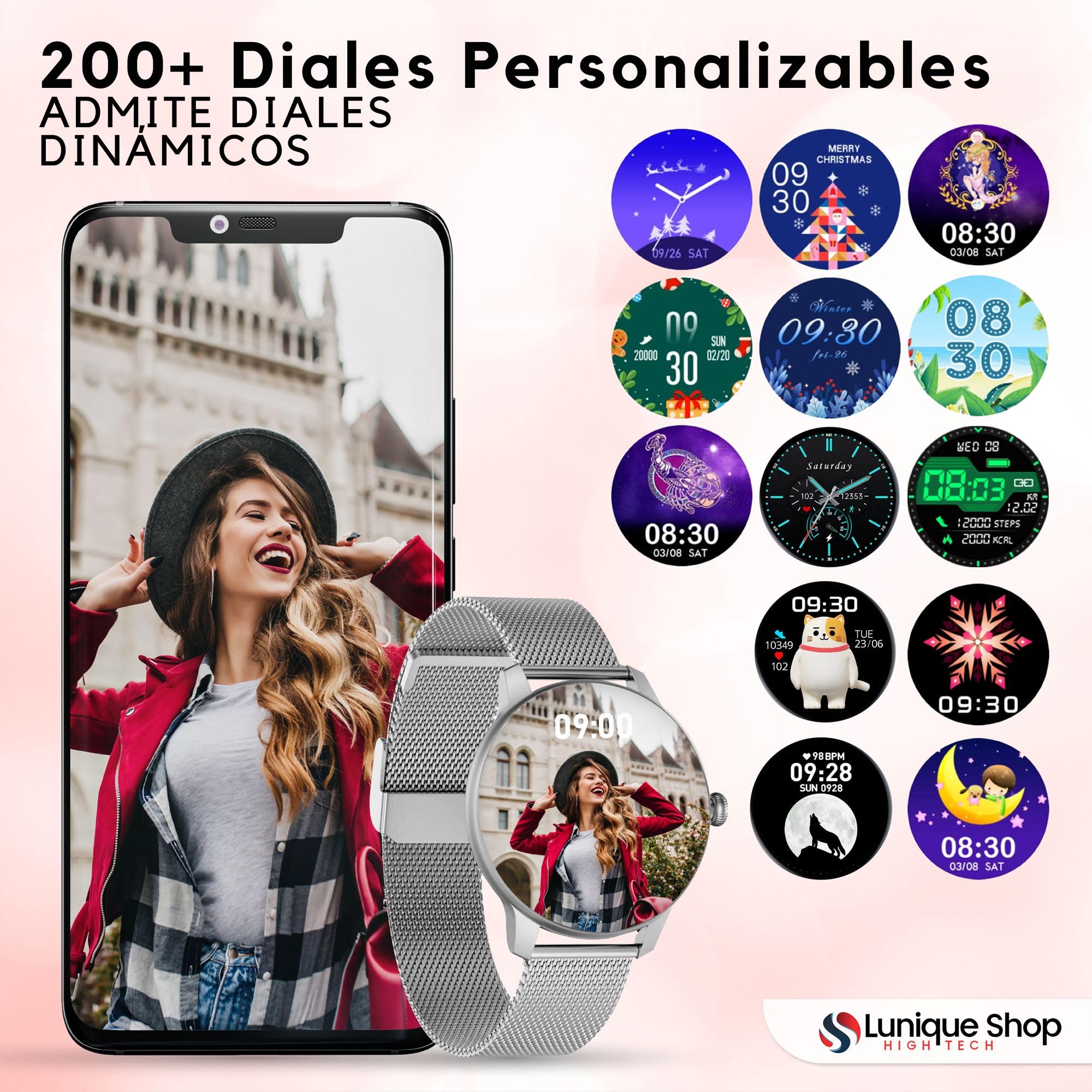 LSCALL Reloj Inteligente Mujer Hombre con Llamadas y Asistente Voz, Smartwatch 2 Correas, Monitor de Ritma Cardíaco y Sueño, Podómetro para Android iOS Rosa