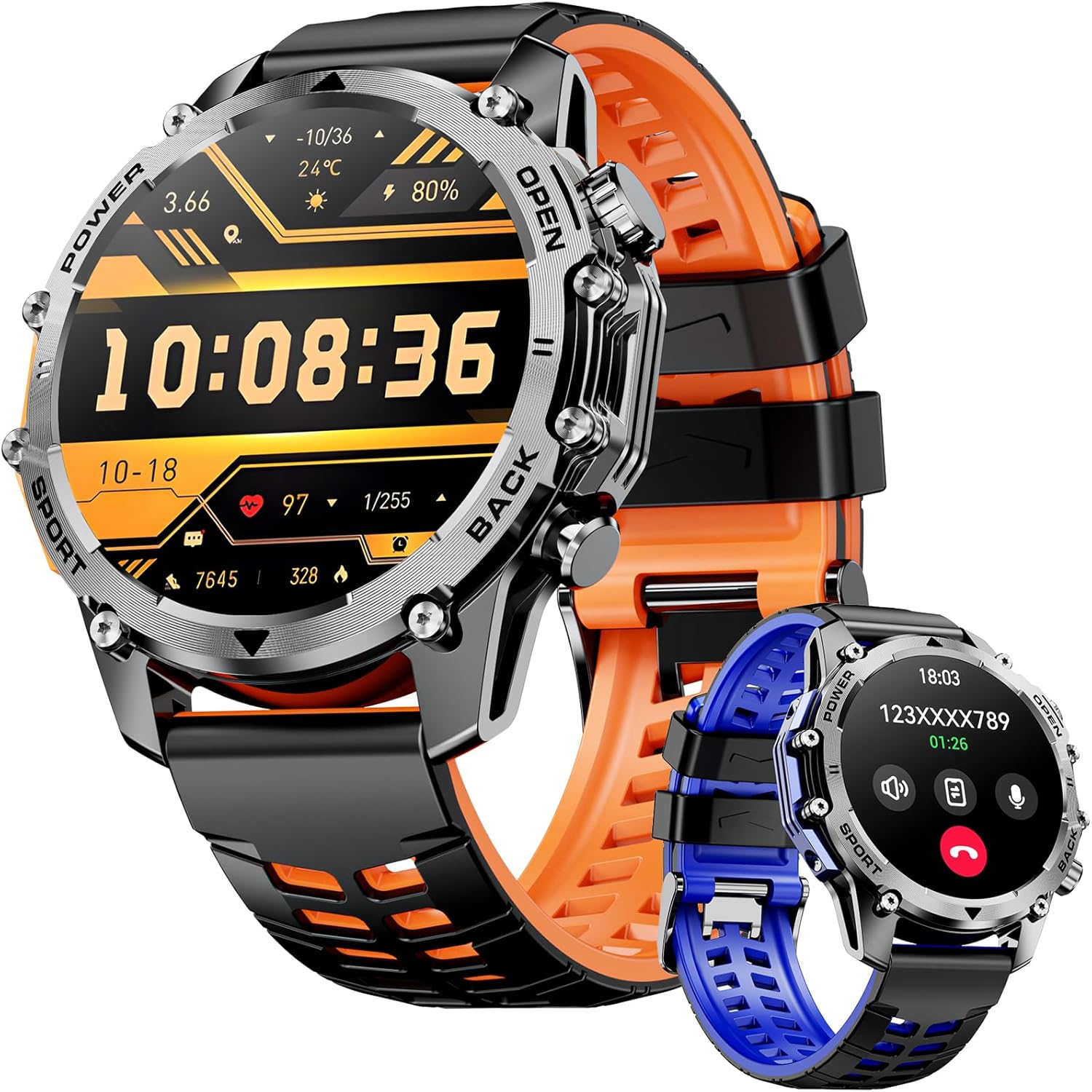 Hwagol Smart Watches for Men (Call/Notification),1.52” Military Smart Watch, Two Style Kits,Flashlight,100+Sport Modes/Heart Rate/Sleep Monitor/Pedometer (Orange-Blue)
