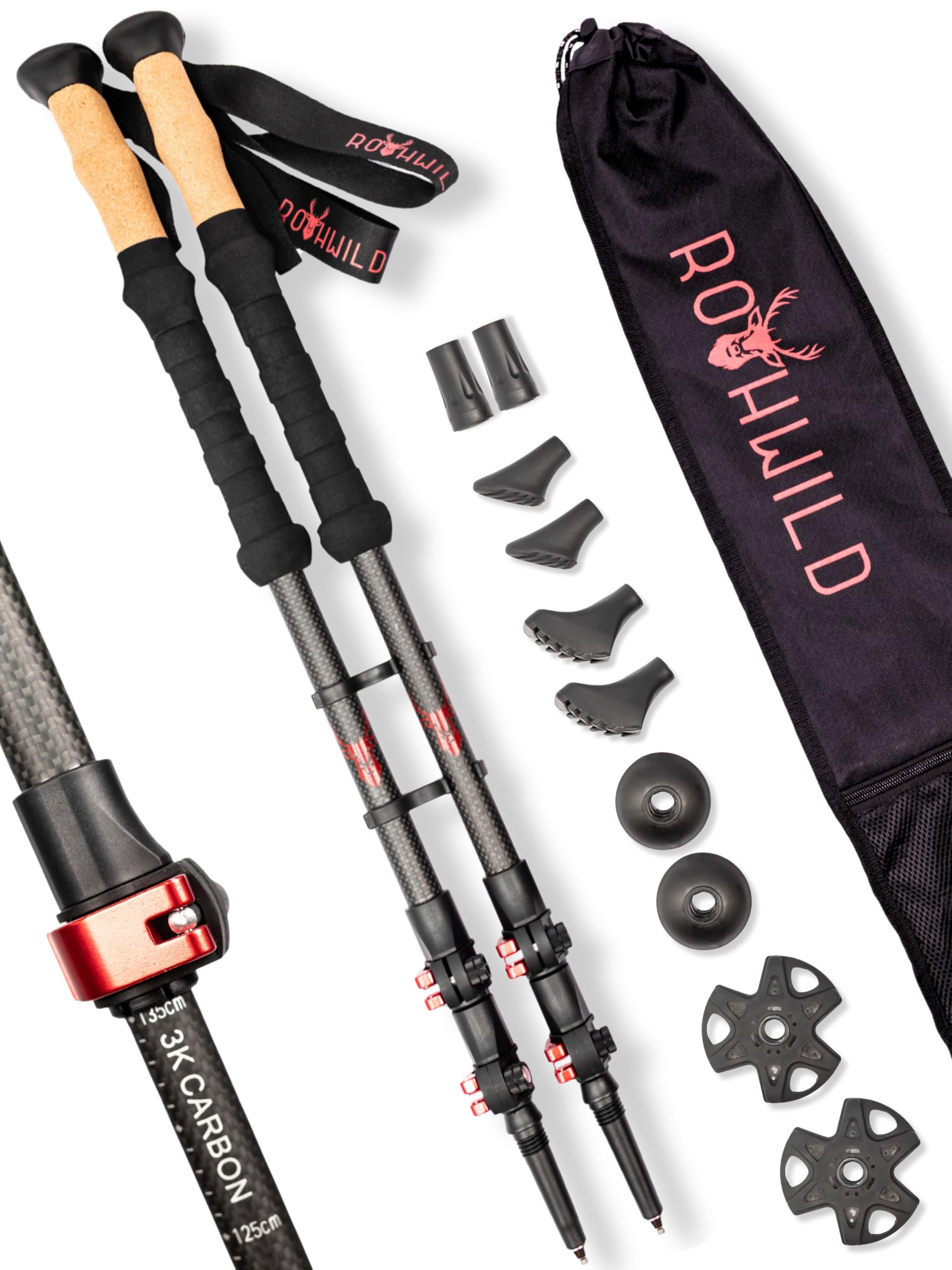 Rothwild Wanderstöcke, Modell Steinbock, Trekkingstöcke aus Carbon mit Kork-Griff, für Damen und Herren, Länge 105-135cm Schwarz