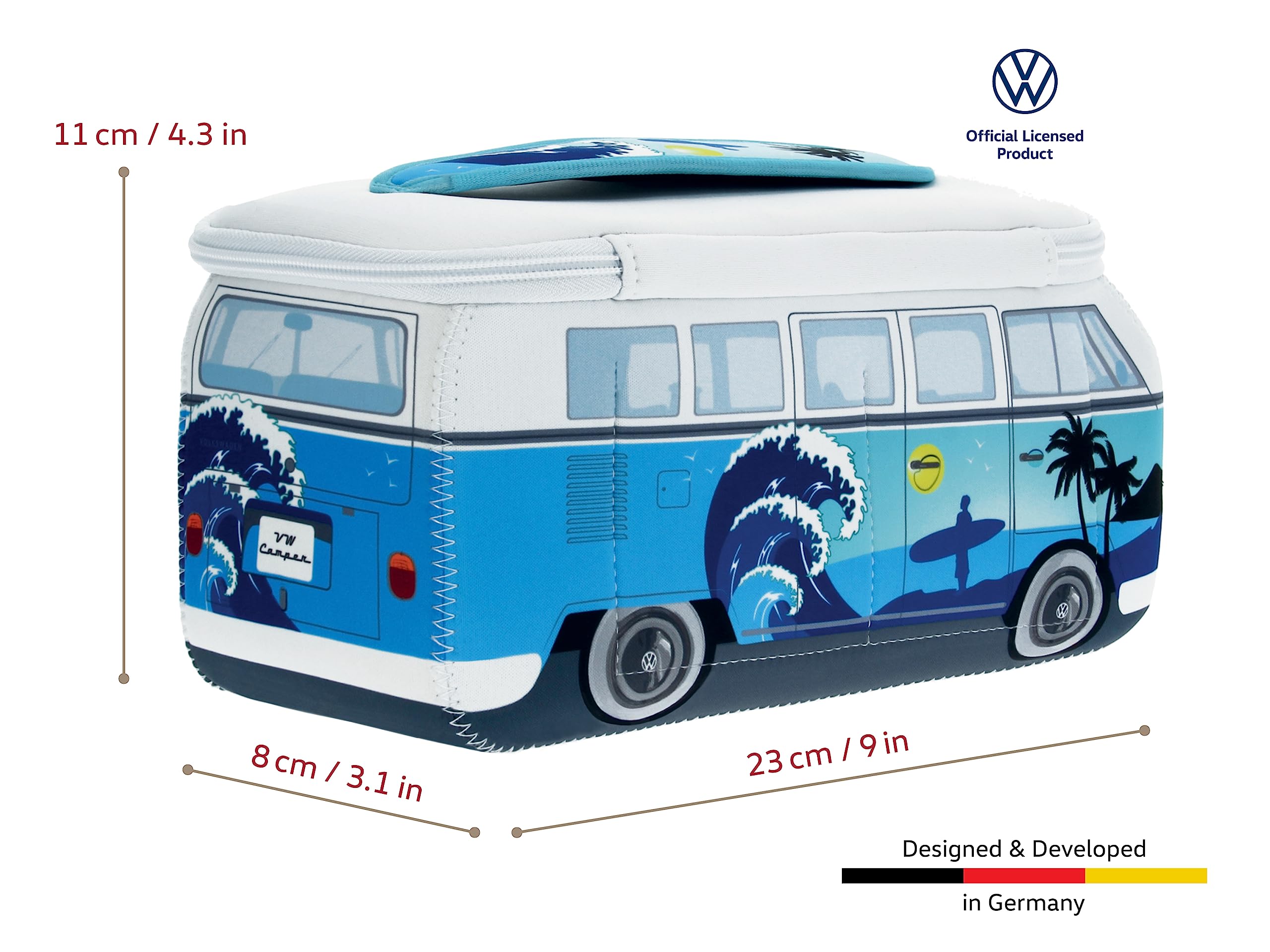 BRISA VW Collection - Volkswagen Beauty-case da viaggio in Neoprene, porta oggetti con manico, Campervan Bus T1 design (Surf/Azzurro)