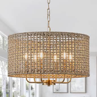 20-inch Rattan Hand-Woven Boho Chandelier with 6 Lights, Gold Finish