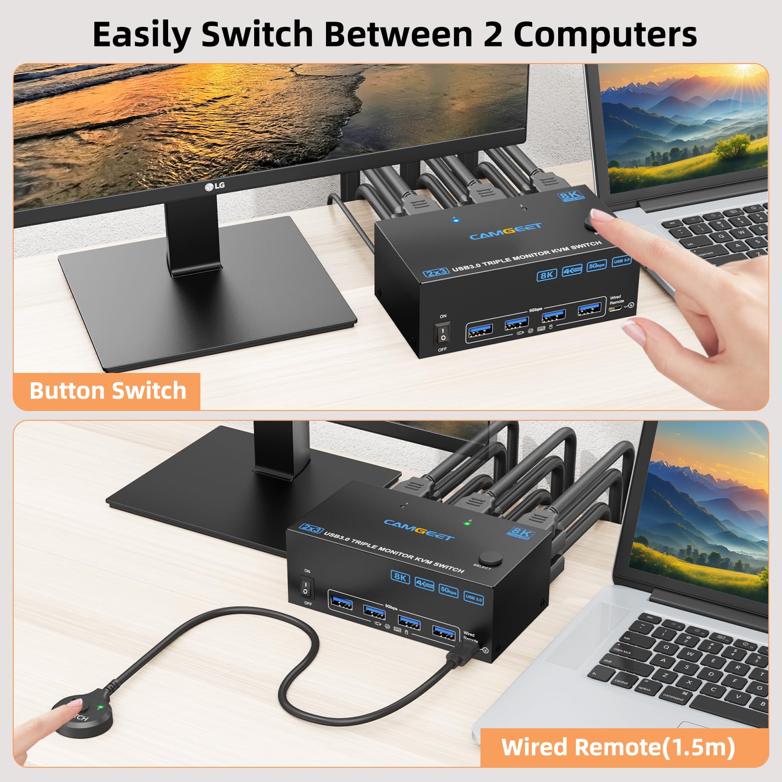 8K 2 Displayport HDMI USB 3.0 KVM Switch 3 Monitors 2 Computers, 8K - View #3