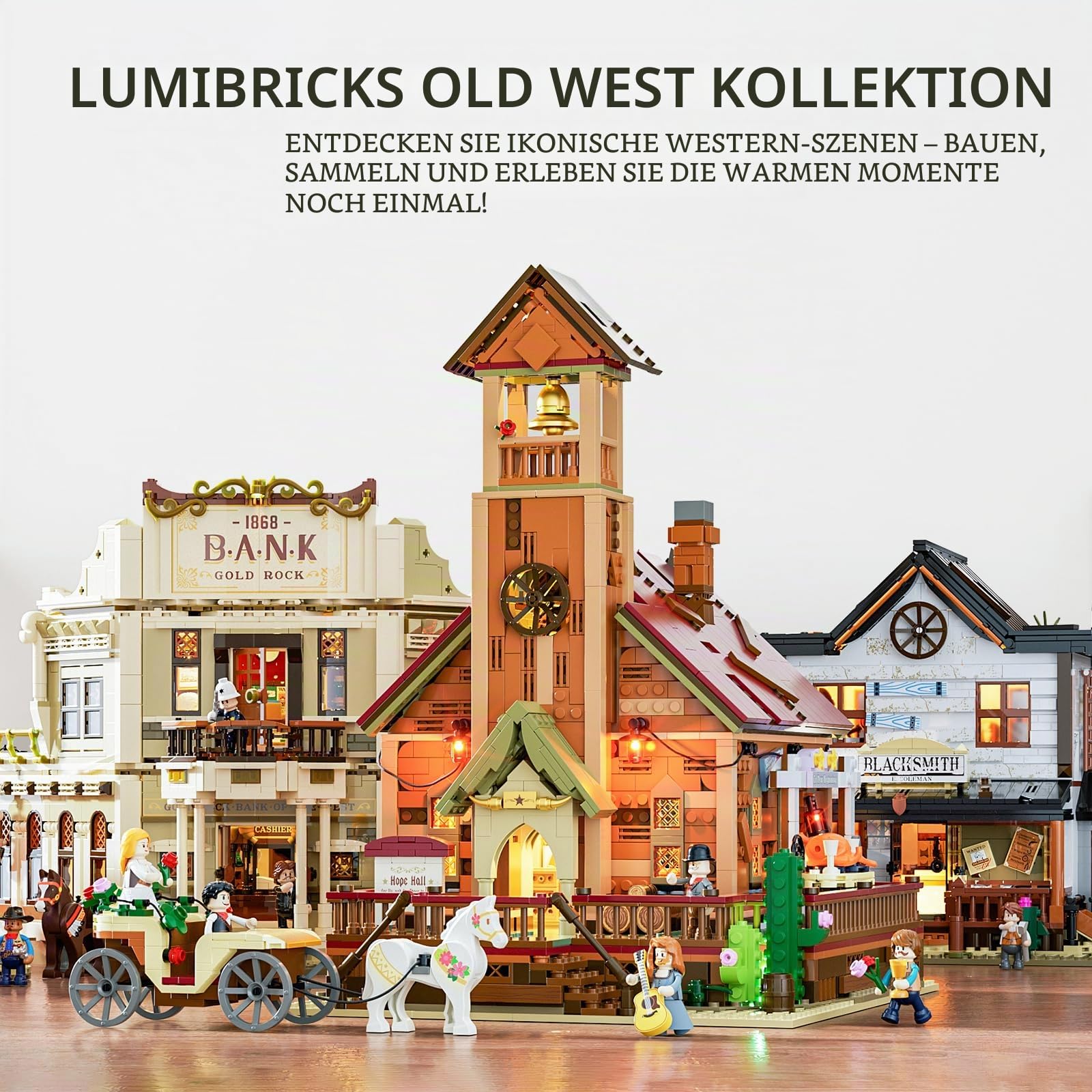 Lumibricks Old West Meeting Hall Beleuchtetes Klemmbaustein-Set, 2556 Teile kreatives BAU- und Lernset mit Schnellverschluss-Struktur und Touch-Dimmfunktion, geeignet für Erwachsene und Jugendliche