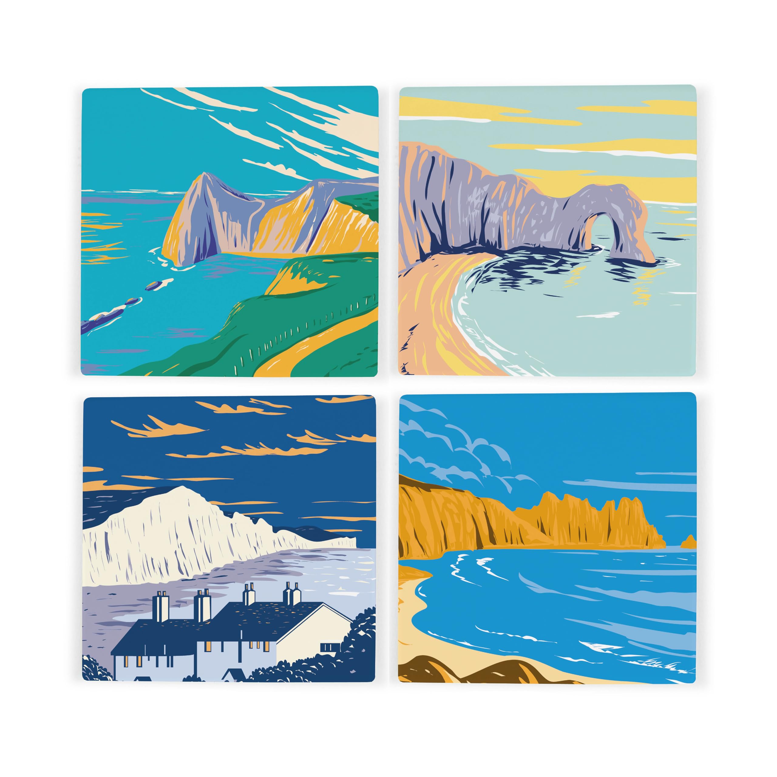 South Coast England Ceramic Coaster Set - Cornwall Dorset Jurassic Coast Landmarks/Landscapes Square Set of Four (4) Coasters Gift