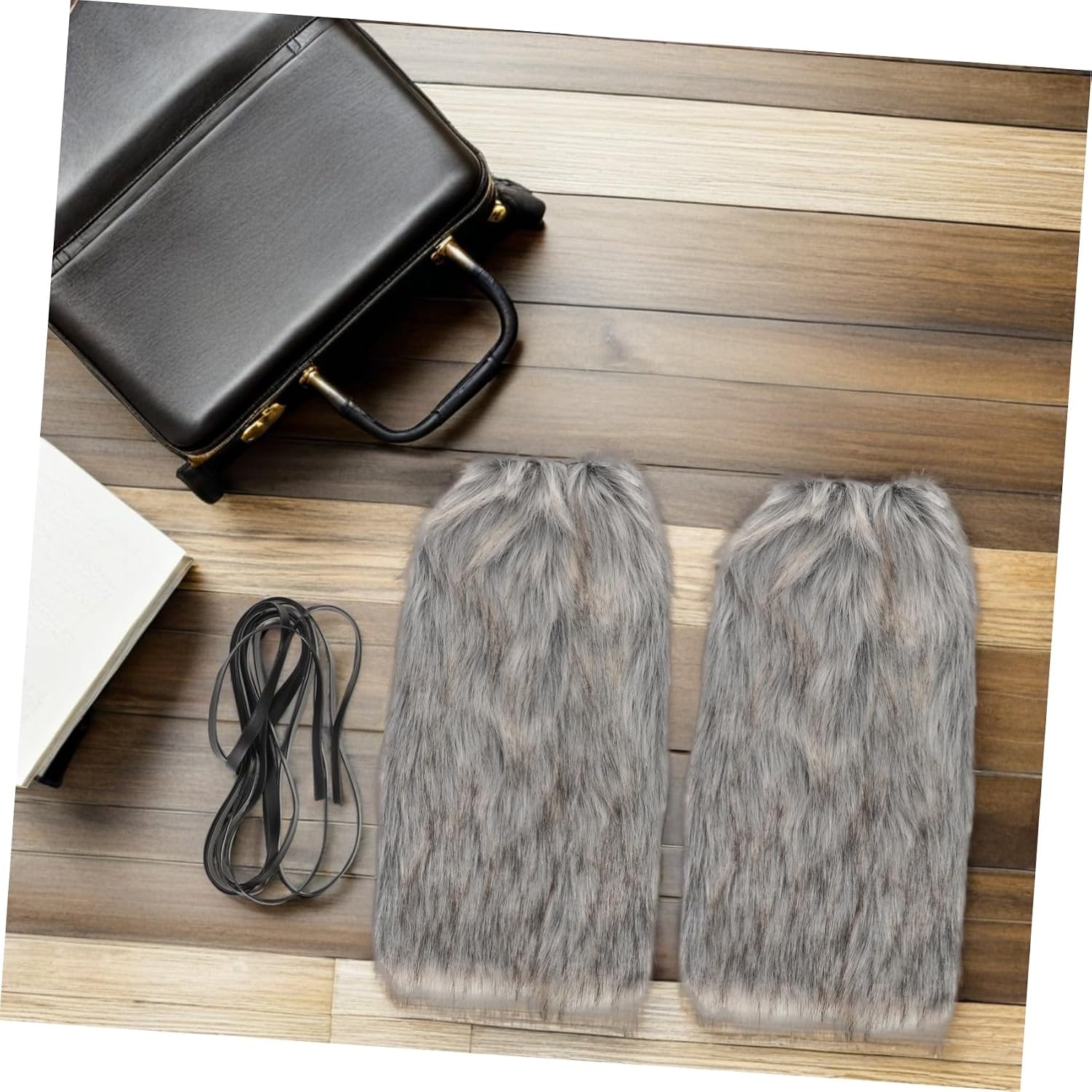 Alipis Fuzzy Leg Warmers with Tie Straps Fluffy Faux Fur Boot Covers for Women Party Dance Costume Accessories 40cm Gray White Pair