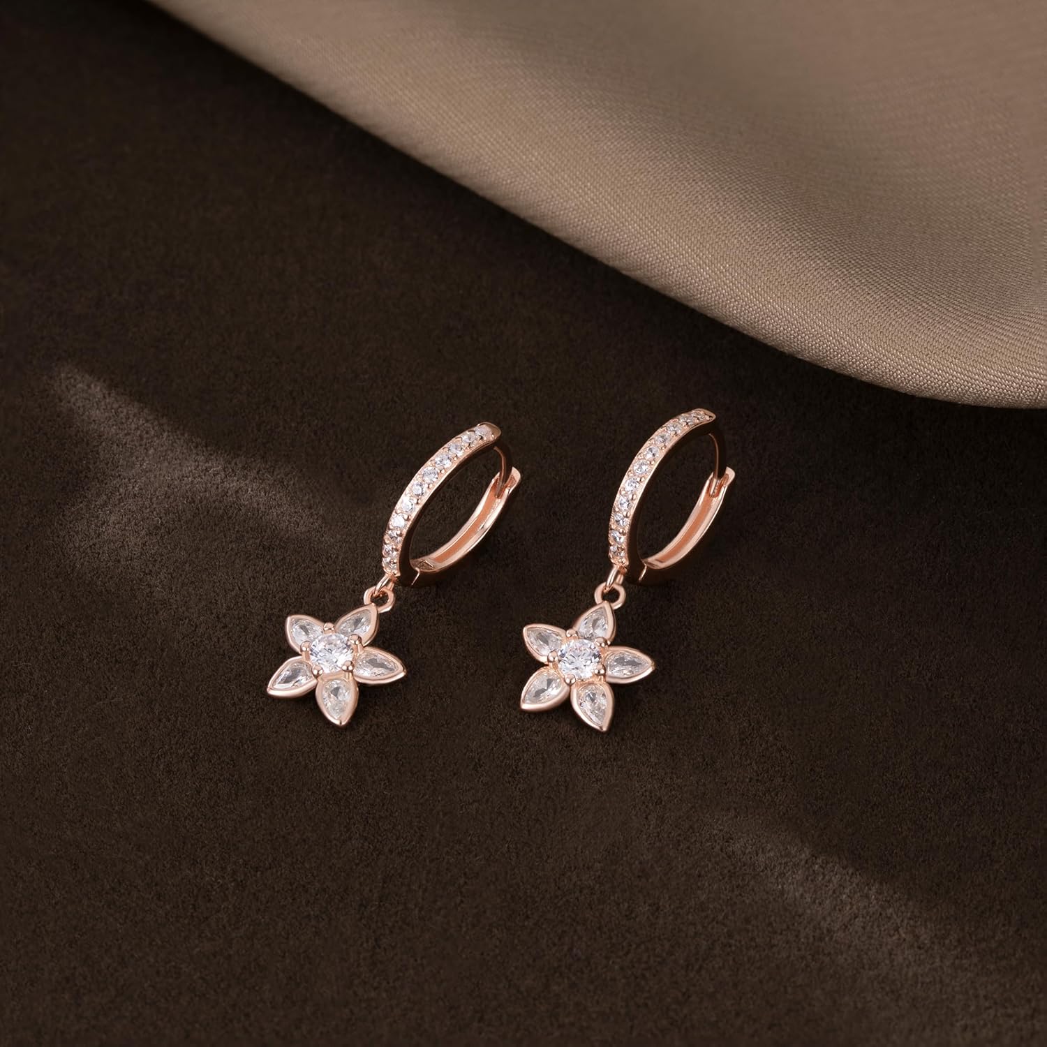 Reffeer Solid 925 Sterling Silver CZ Flower Earrings Dangle for Women Teen Girls Flower Drop Hoop Earrings Huggie - Image 4
