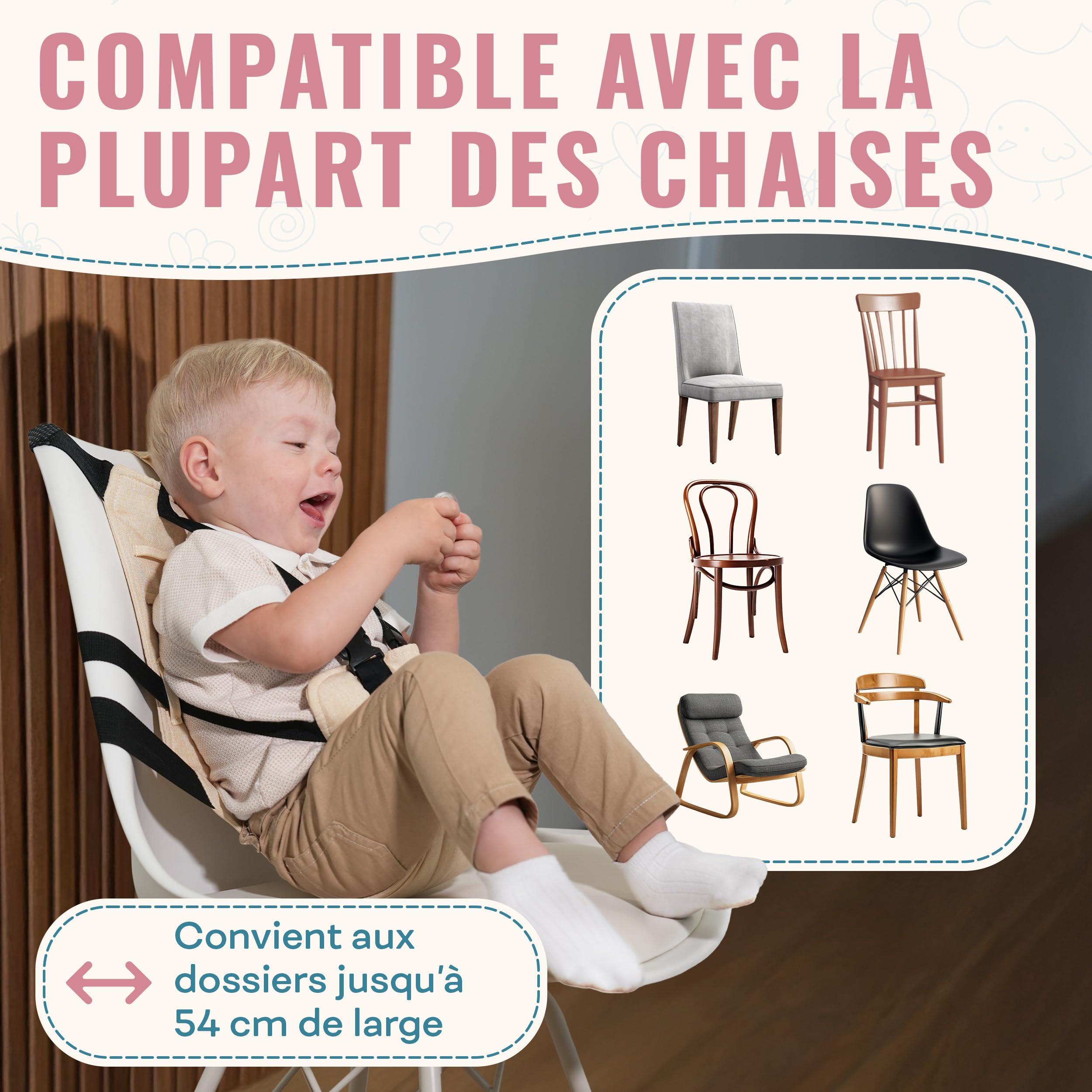 Mineto Chaise Nomade Bebe Portable Ultra-Légère, Harnais Sécurisé 3 Points, Rehausseur chaise enfant de voyage Facile à Transporter, Siege Bebe Assis de 6 Mois à 3 Ans, Lavable et Universel Beige
