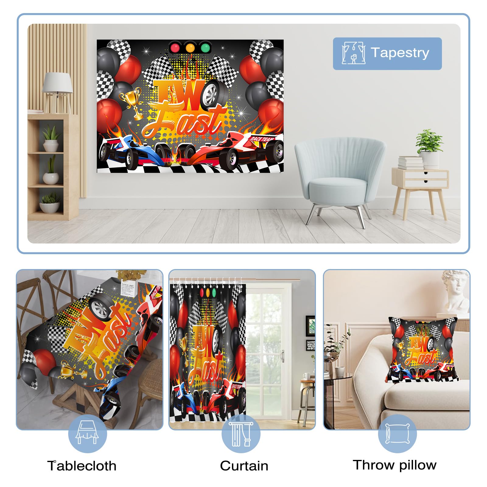 WAWUO Lightning McQueen 2nd Birthday Banner - Red, White & Blue Race Car High Chair Decoration & Party Backdrop