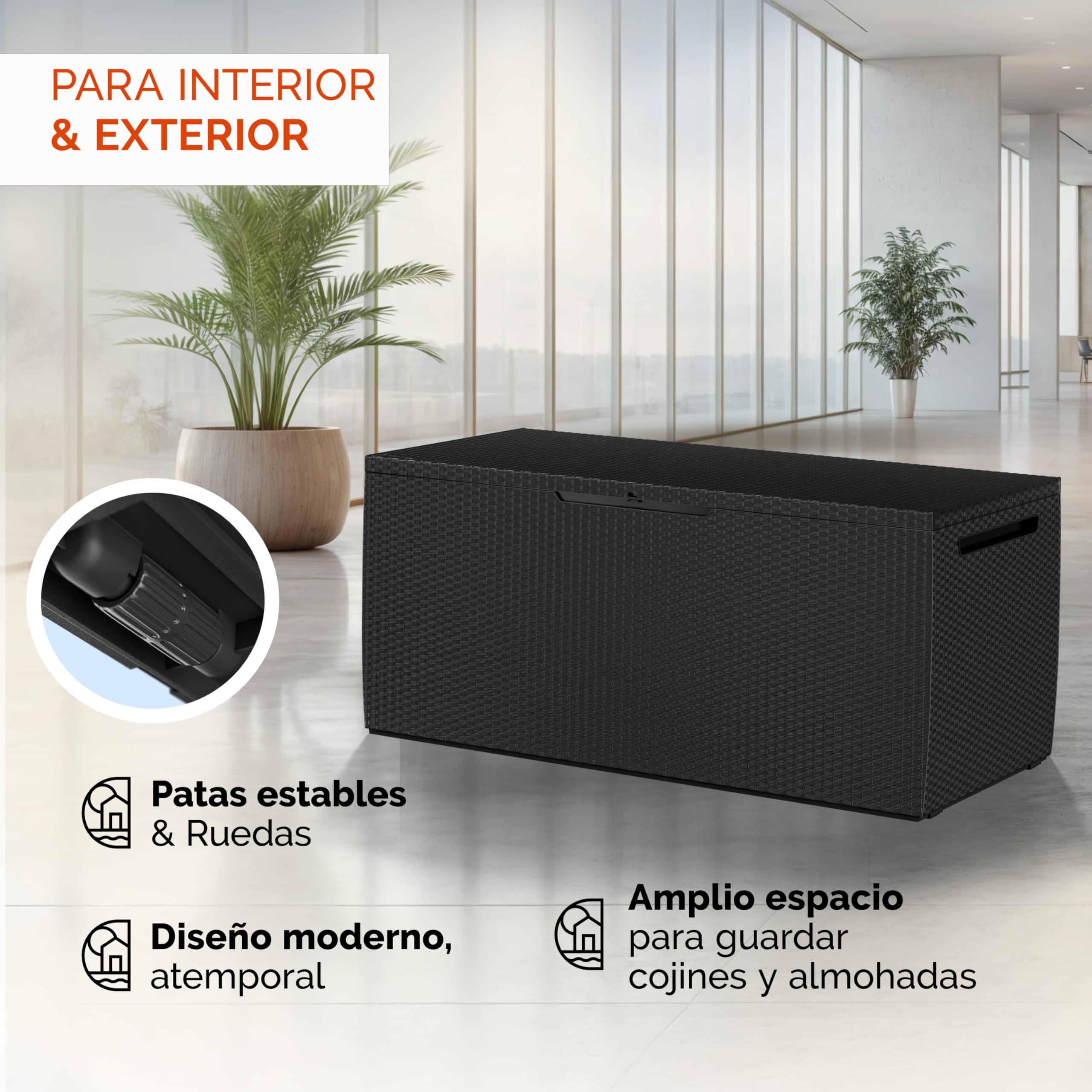 Deuba® Baúl de Almacenaje Capri Antracita 305L 240kg Cofre de Cojines Arcón de Jardín con Ruedas Sistema Smart Click