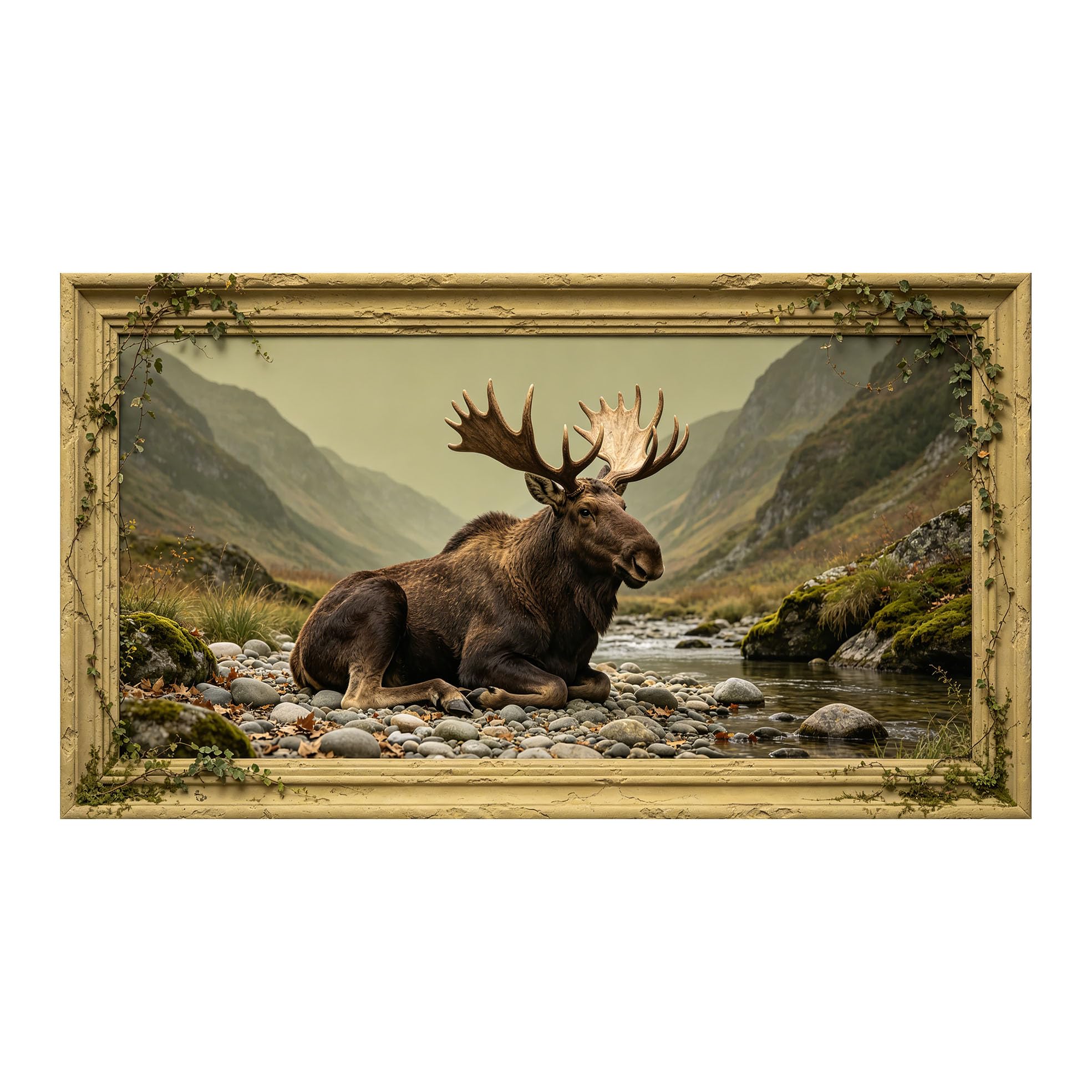 Murasolite 3D 3D Framed Wall Art 50cm×90cm Mountain Moose Wilderness Landscape Oil Painting Style SelfAdhesive Fabric Mural Wall Decor, Peel and Stick No Damage to Wall for Bedroom Living Room